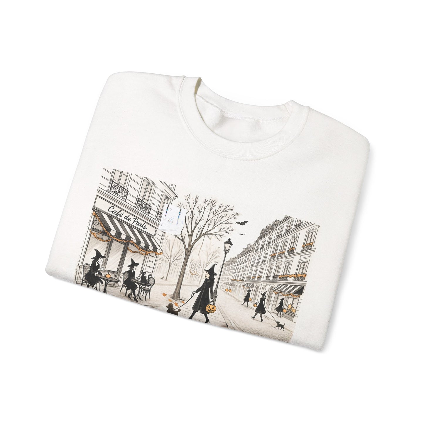 Haunted City Scene Halloween Sweatshirt | Trésor Valeur Wearable Art | Cozy Chic Fall Apparel Personalizable Sleeve