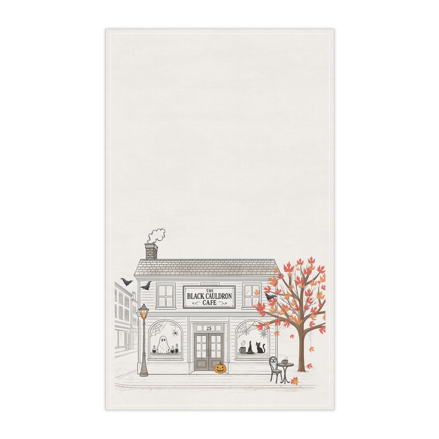 Black Cauldron Café Halloween Kitchen Towel | 100% Cotton | Spooky Chic Black Cat & Ghost Design | Fall Holiday Décor