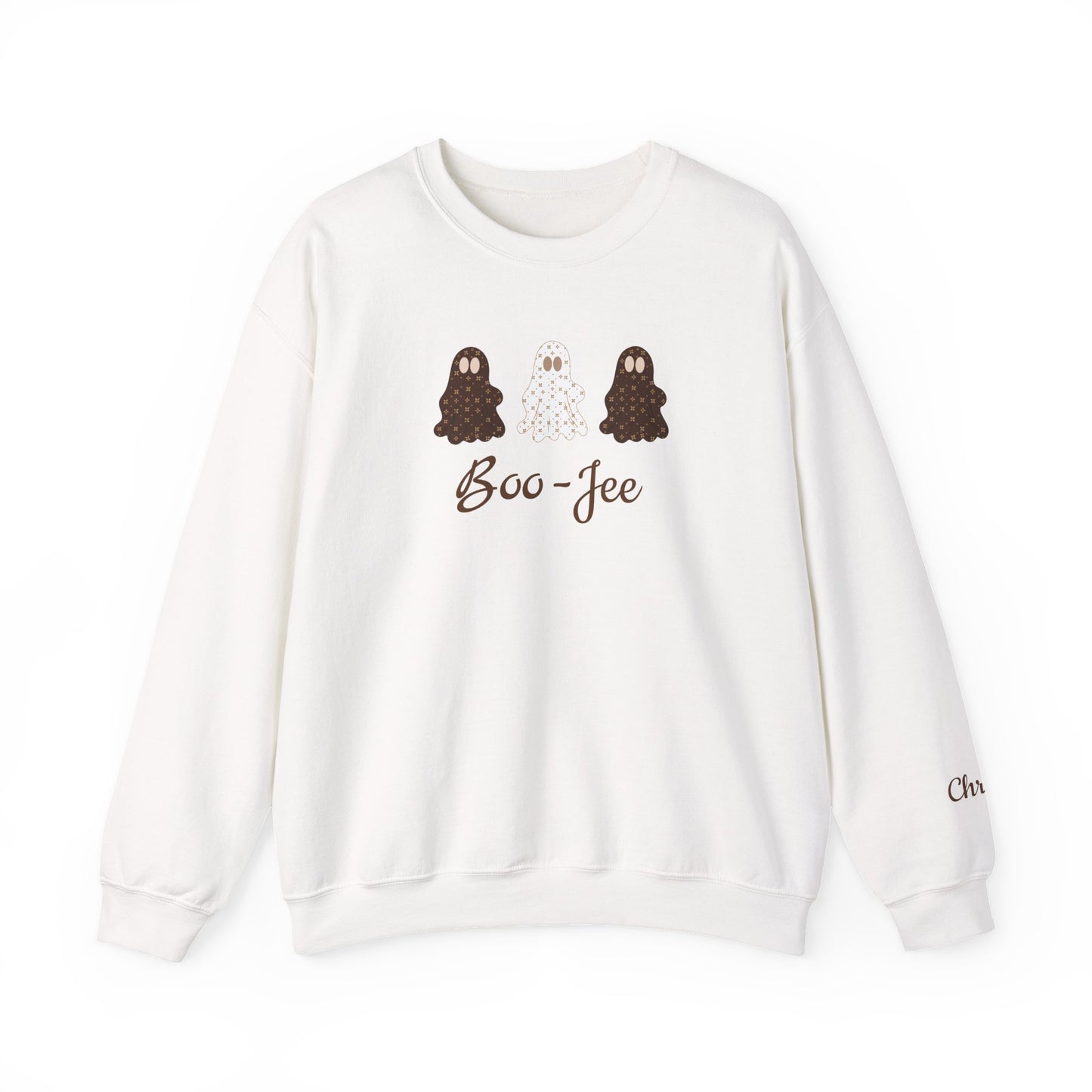 White sweatshirt with ghost characters and 'Boo-Jee' text on a white background