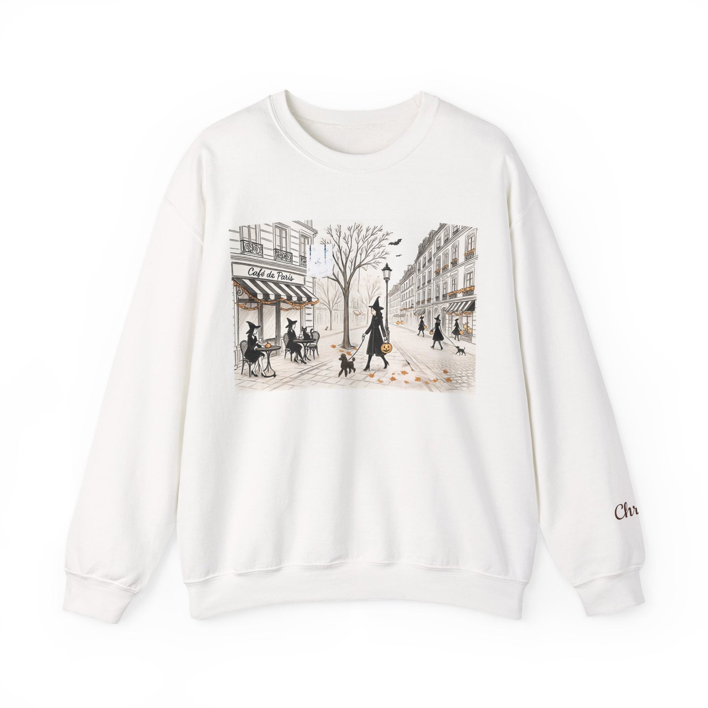 Haunted City Scene Halloween Sweatshirt | Trésor Valeur Wearable Art | Cozy Chic Fall Apparel Personalizable Sleeve