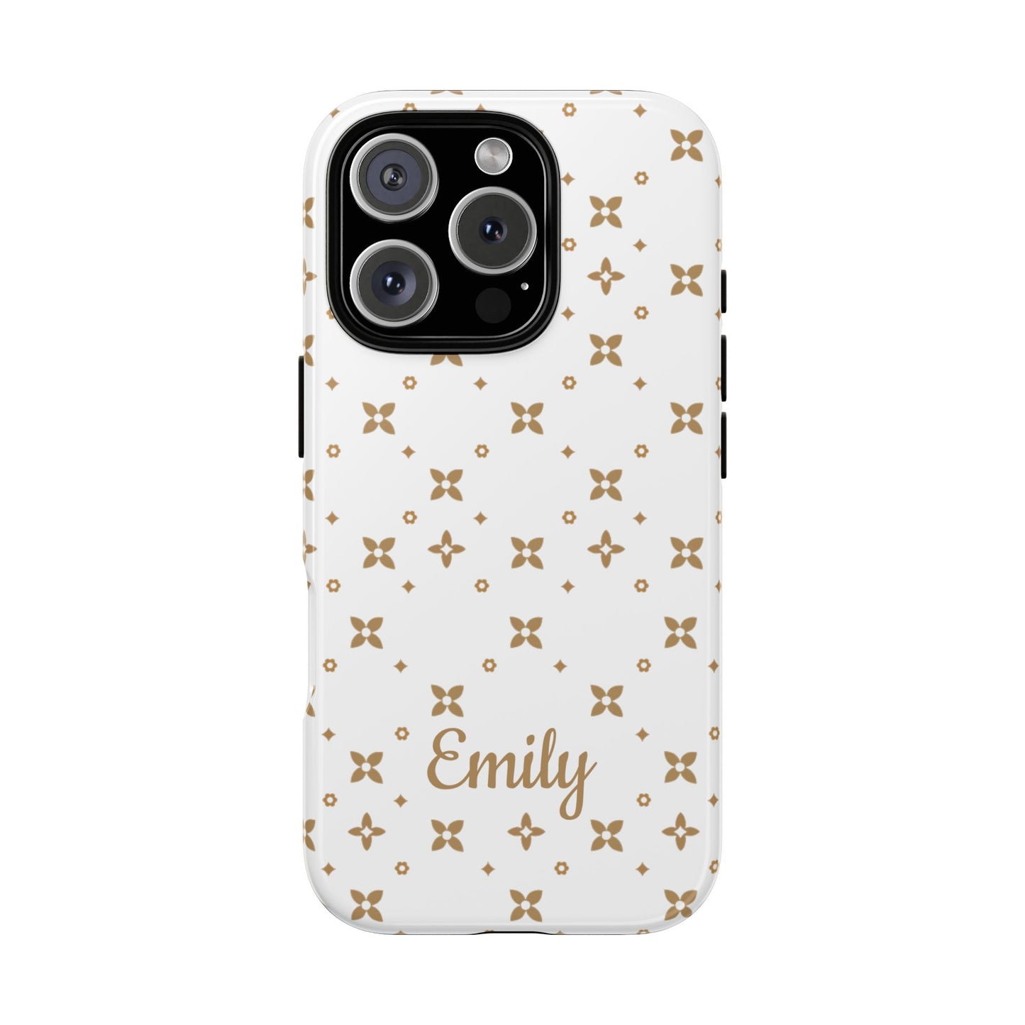 Phone case with gold butterfly pattern and 'Emily' text on a white background