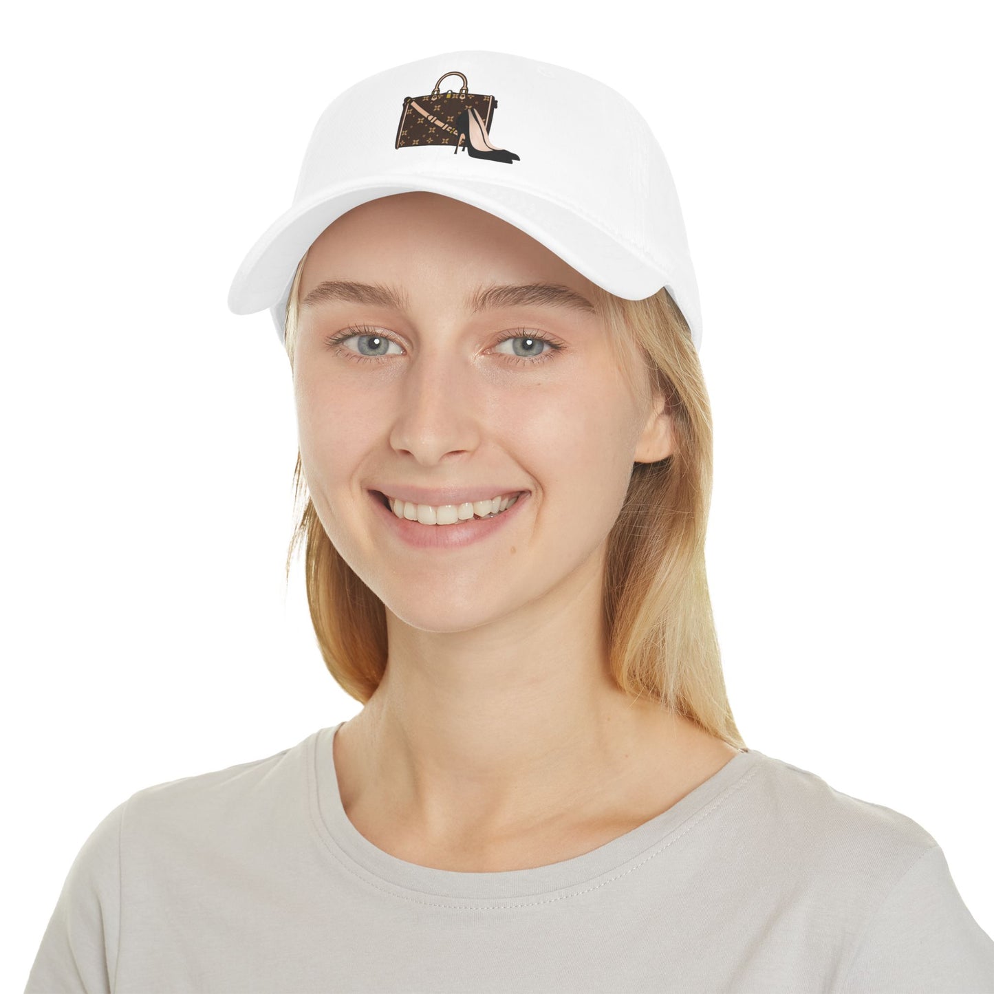 Person wearing a white cap with a logo on a white background