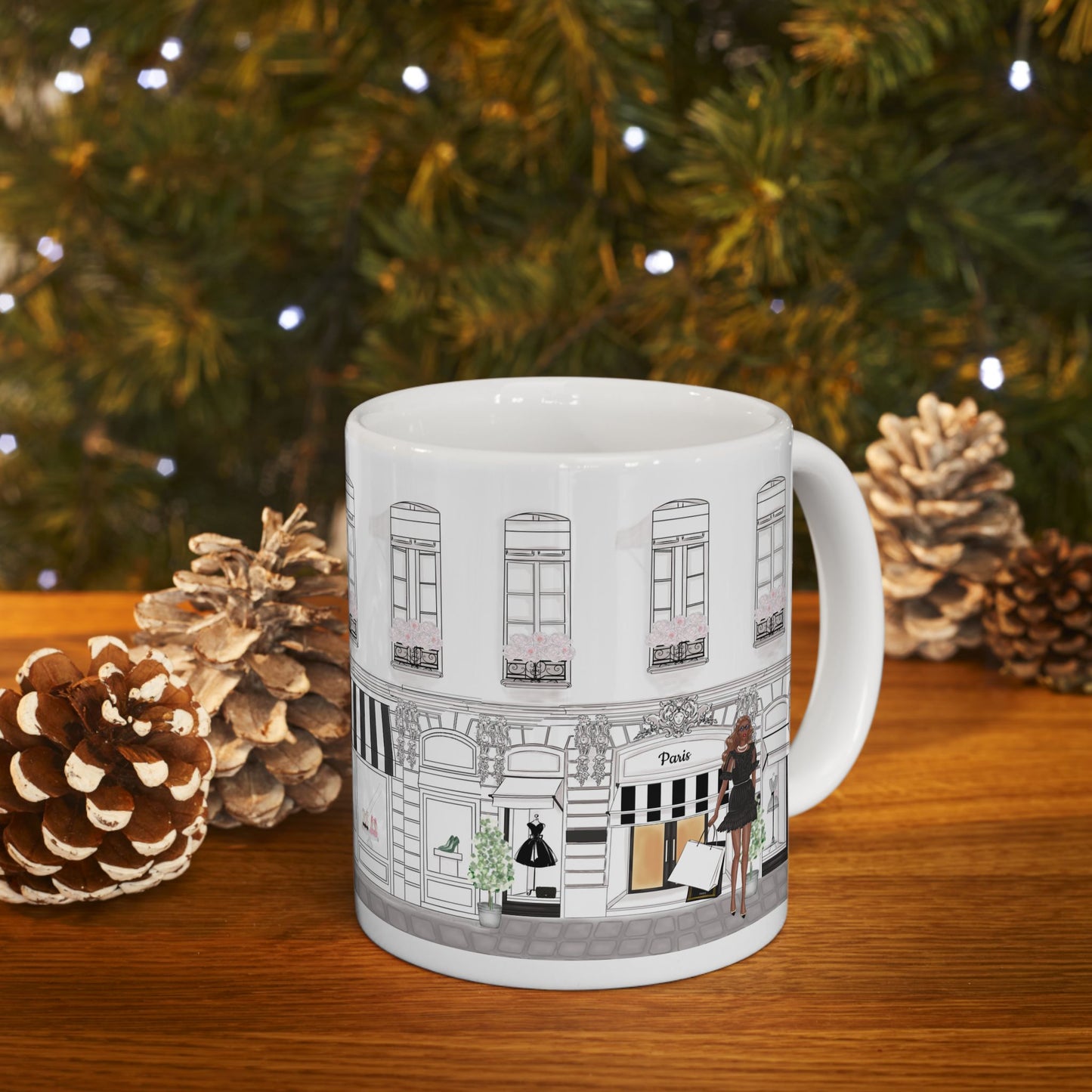 "Haute in Paris Collection ceramic mug with customizable avatar, showing a fashionista outside a Paris boutique."