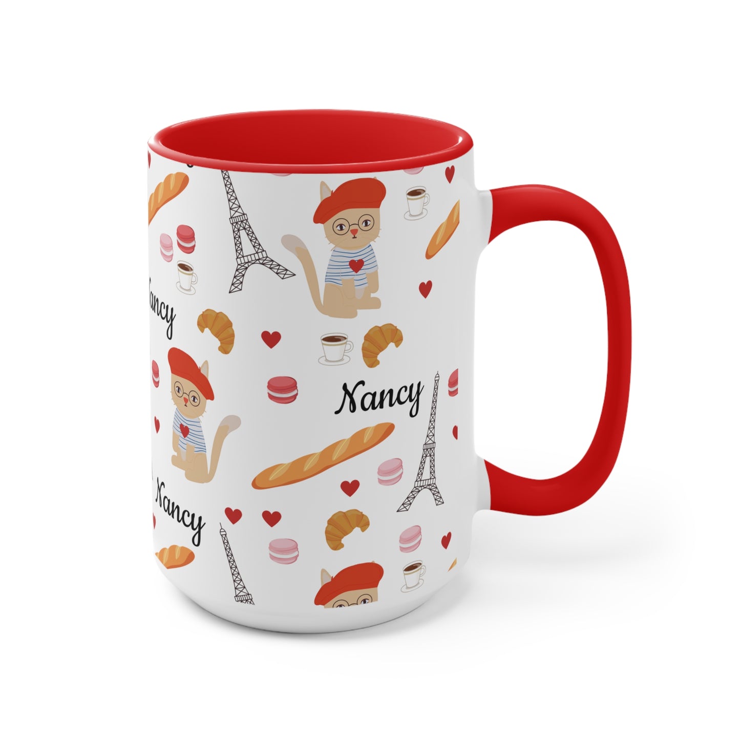 Mug with red interior and handle featuring a Paris-themed design on a white background