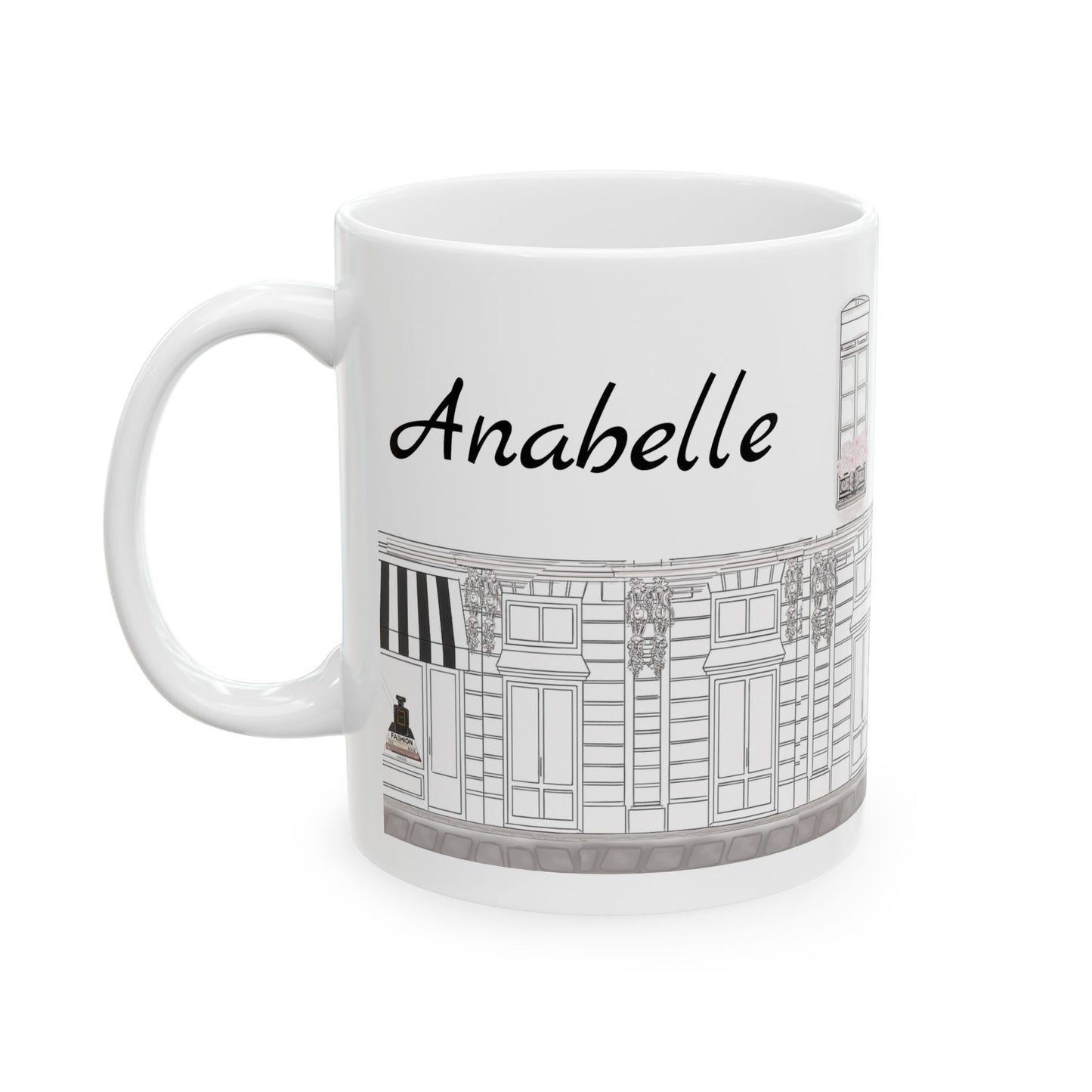 Back of Haute in Paris Collection mug personalized with customer’s name in elegant script.