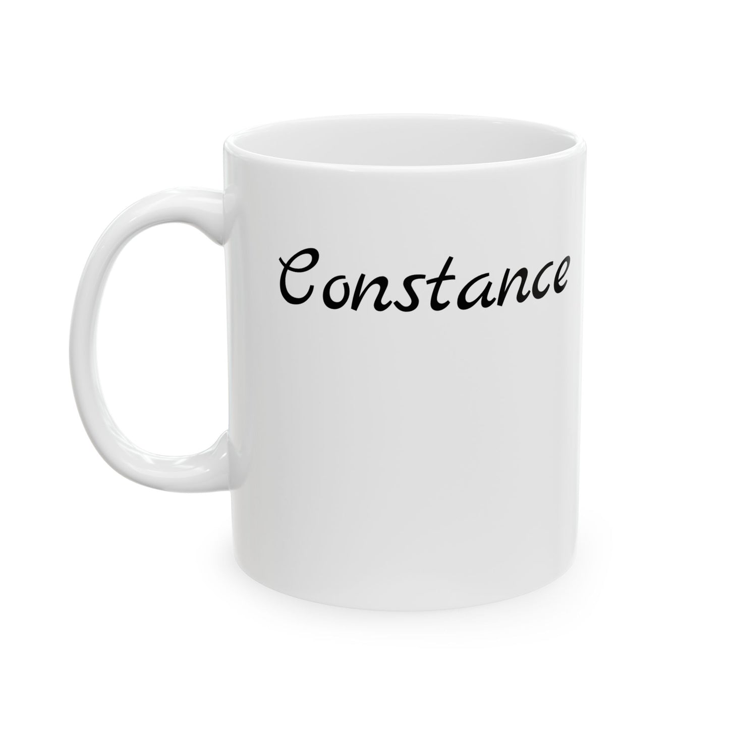 White mug with 'Constance' printed on a white background