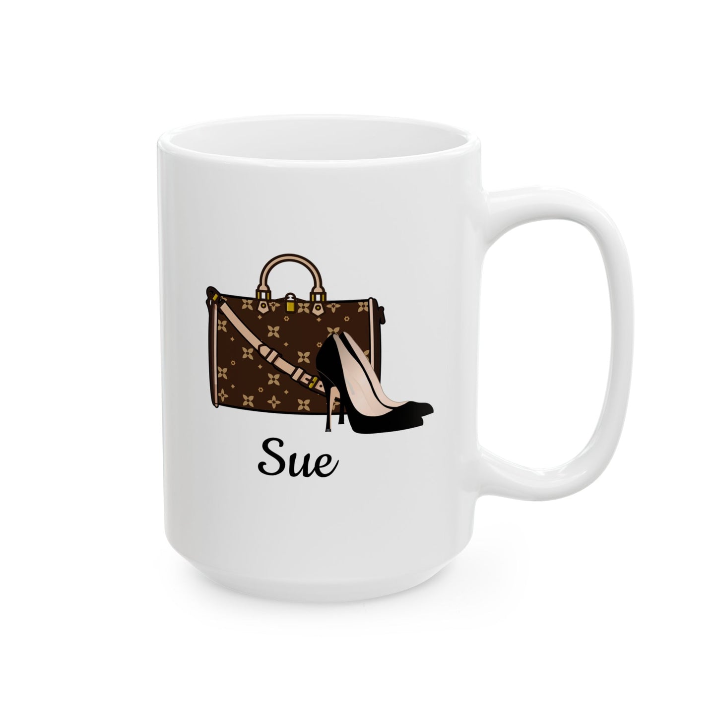 White mug with a design of a handbag and high heel, and the name 'Sue' on a white background.