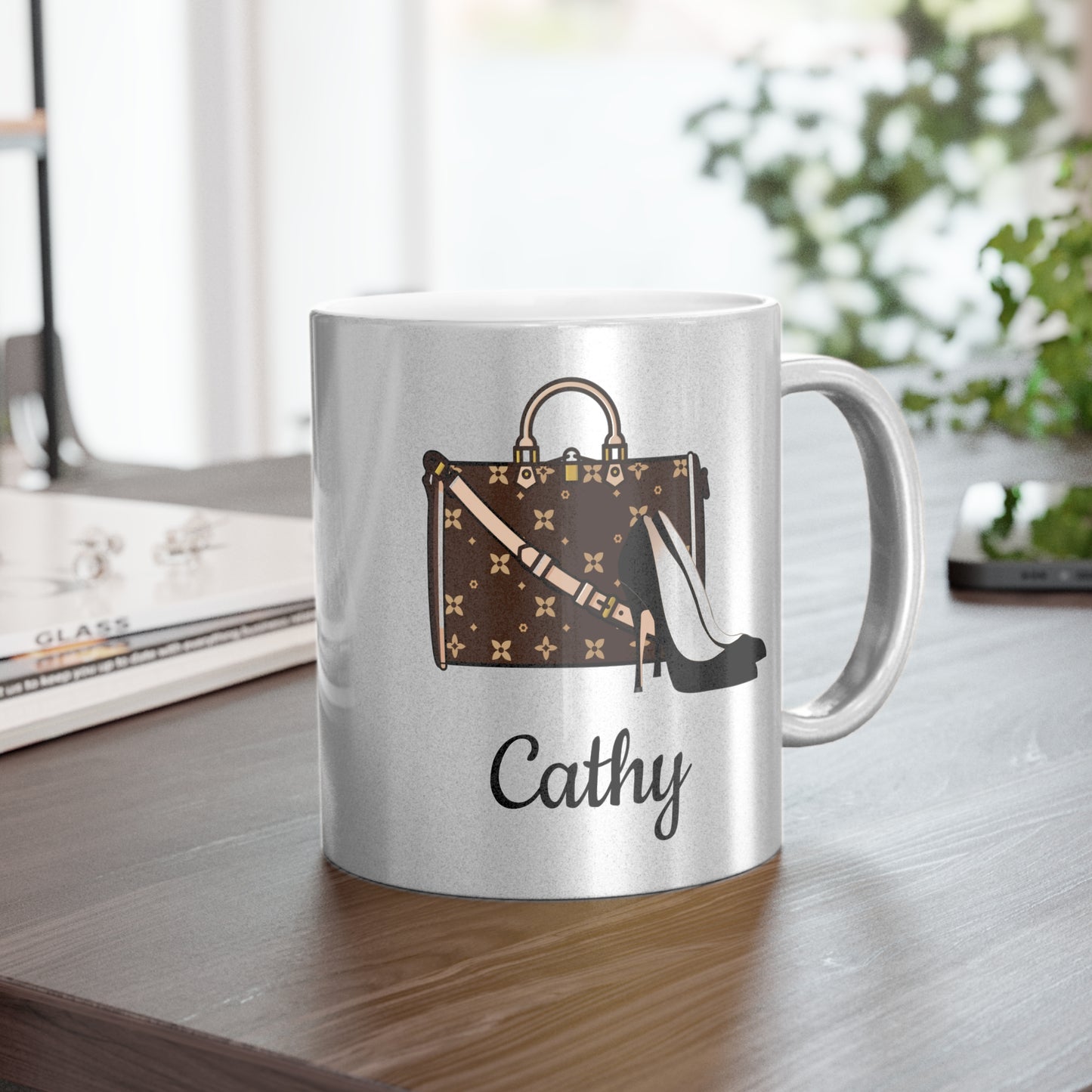 Gold or Silver Metallic Mug | Sablette Purse & Shoes or Purse Only | Personalized 11oz Mug | Tresor Valeur Fashionista Mug