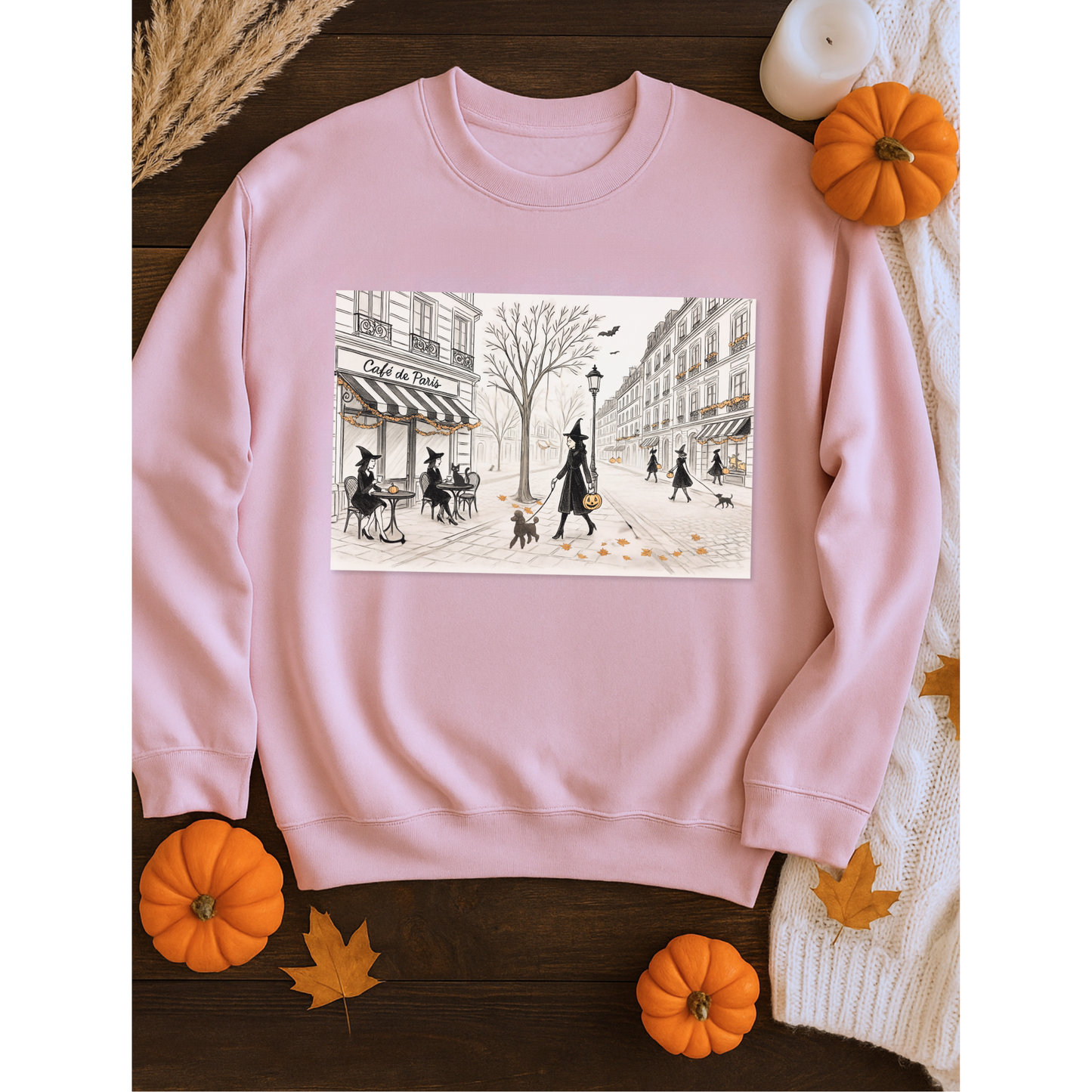 Haunted City Scene Halloween Sweatshirt | Trésor Valeur Wearable Art | Cozy Chic Fall Apparel Personalizable Sleeve