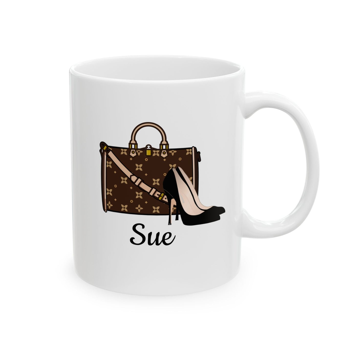 White mug with a brown handbag and black high heel shoe design, featuring the name 'Sue'.