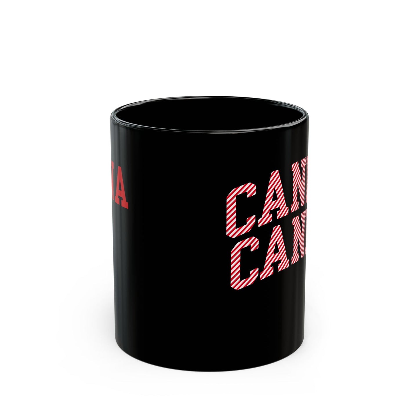 Black mug with red text on a white background