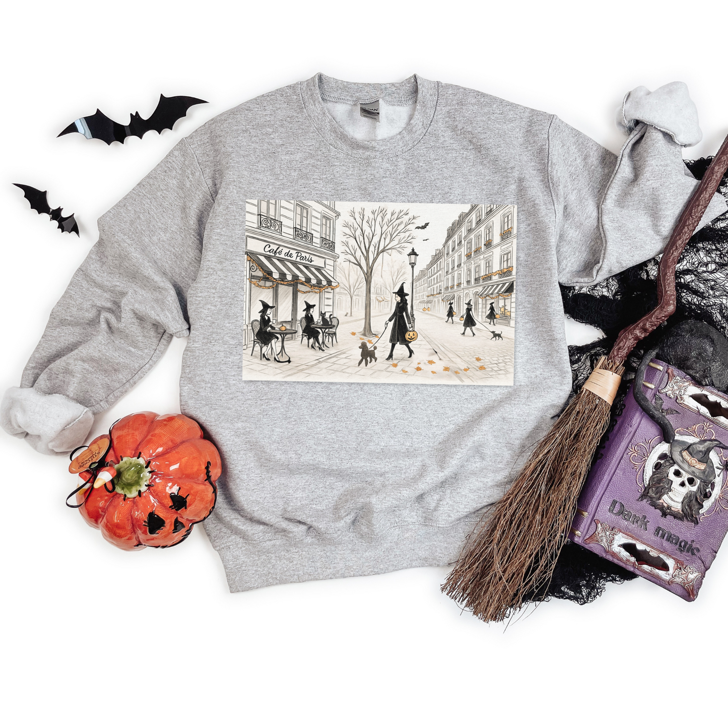 Haunted City Scene Halloween Sweatshirt | Trésor Valeur Wearable Art | Cozy Chic Fall Apparel Personalizable Sleeve