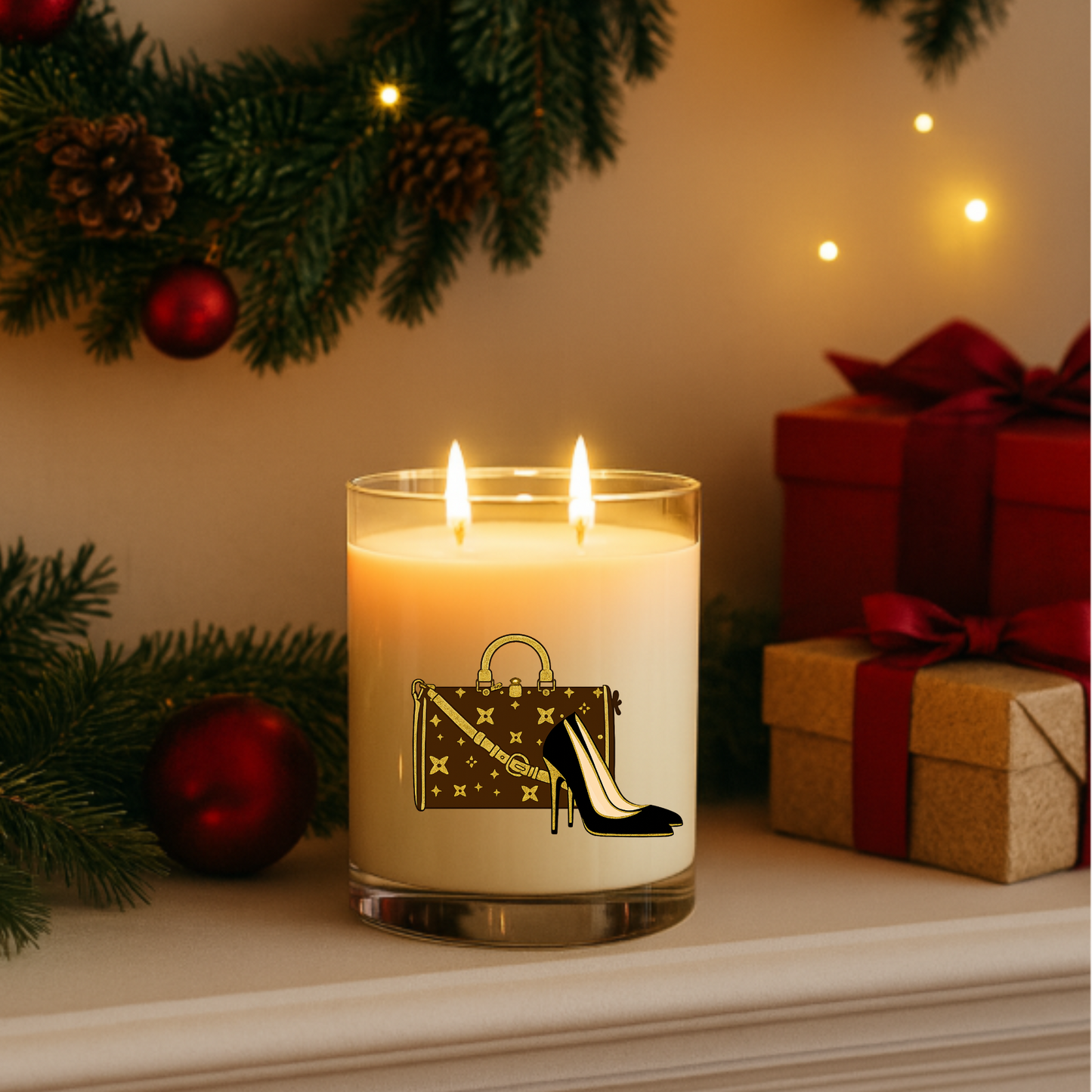 Holiday Gold Shoes & Purse Two-Wick Glass Candle – Personalizable