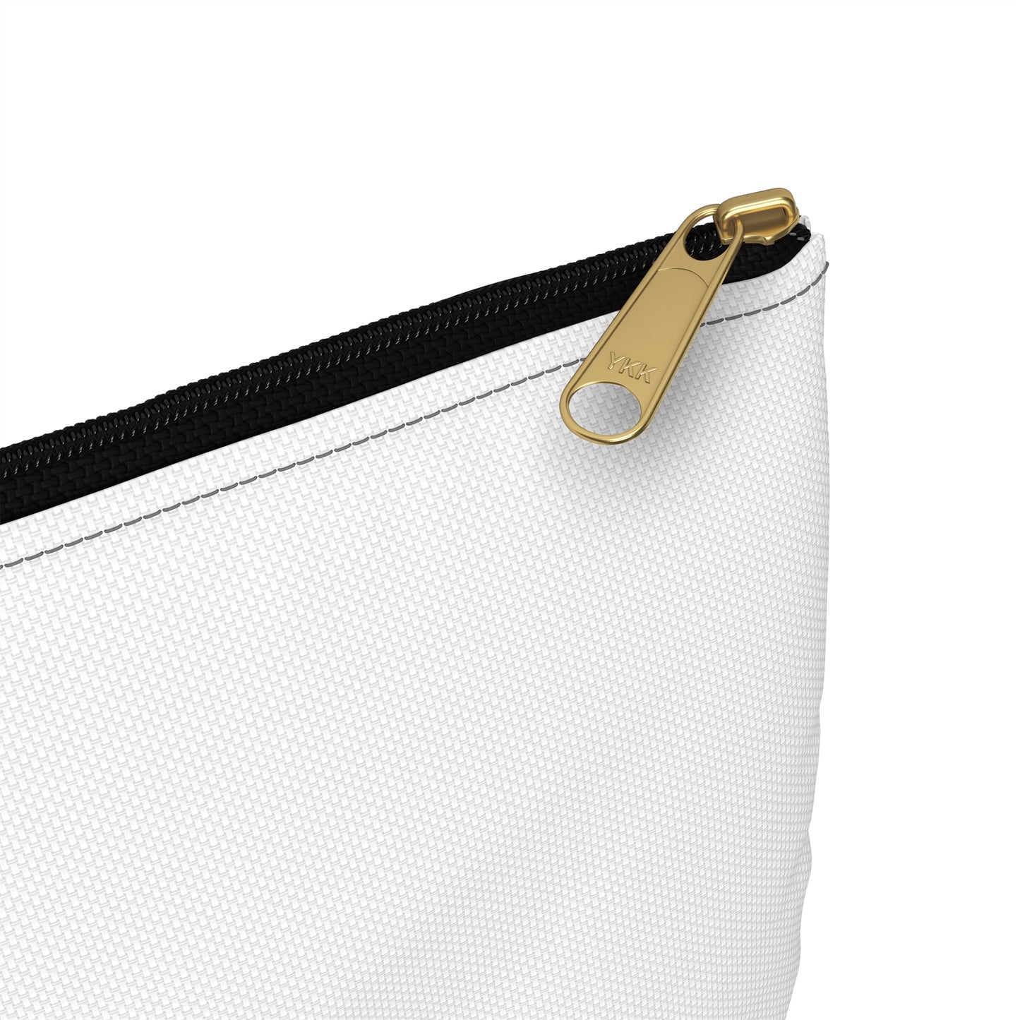 White pouch with a gold zipper on a white background