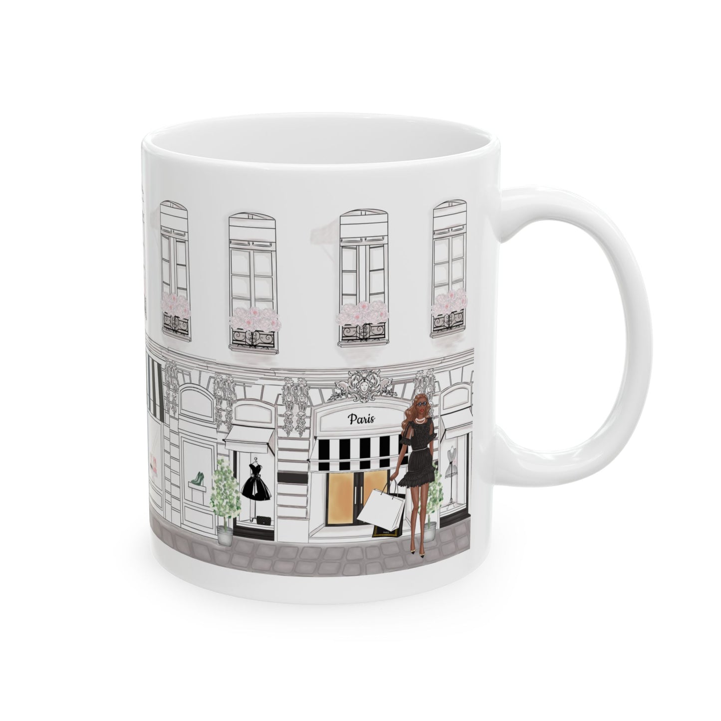 Haute in Paris Collection ceramic mug with customizable avatar, showing a fashionista outside a Paris boutique.