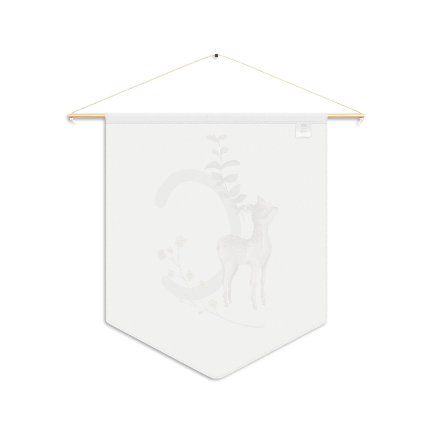 White fabric banner with wooden rod on a white background