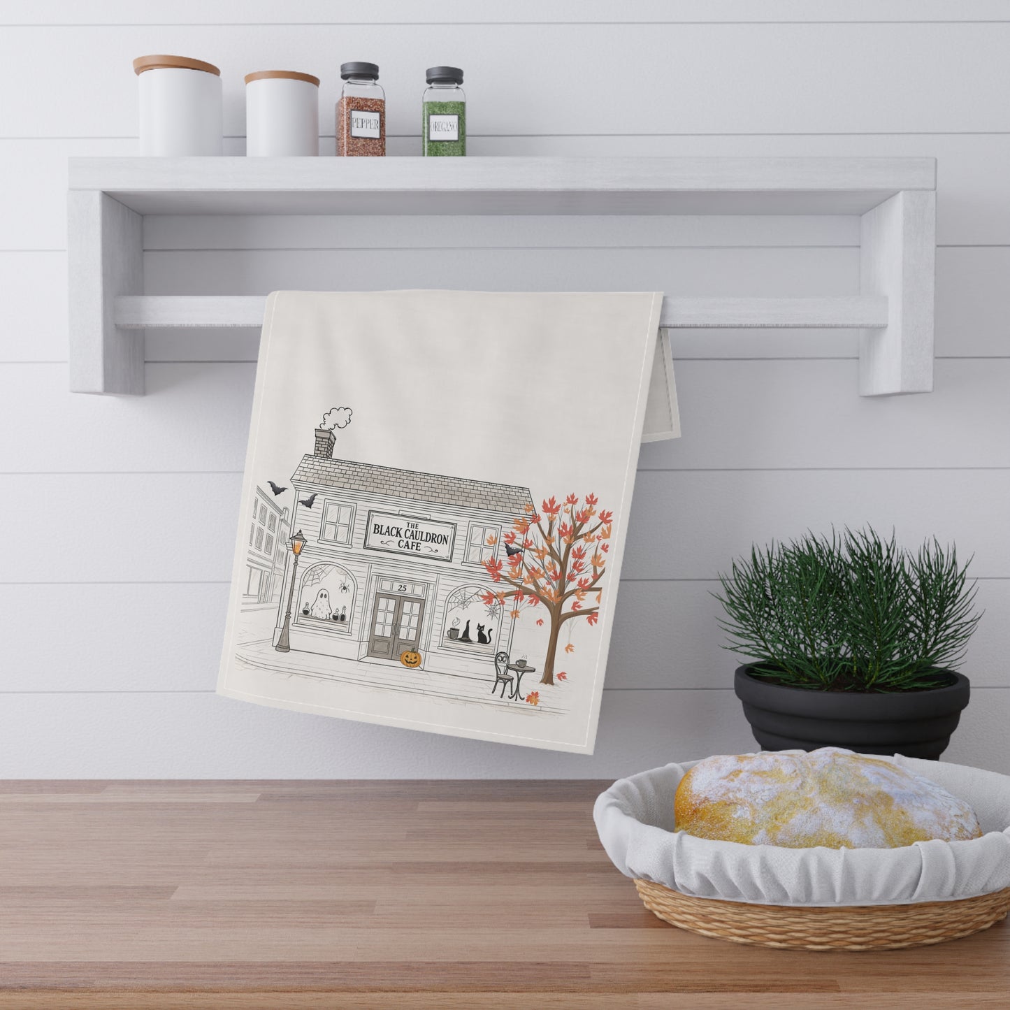 Black Cauldron Café Halloween Kitchen Towel | 100% Cotton | Spooky Chic Black Cat & Ghost Design | Fall Holiday Décor