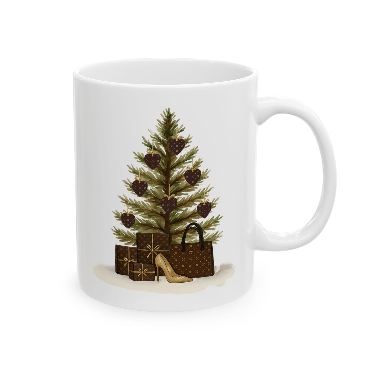 White mug with a Christmas tree, presents, and high heels design on a white background