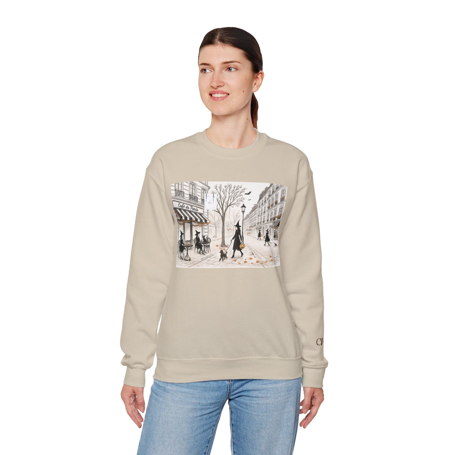 Haunted City Scene Halloween Sweatshirt | Trésor Valeur Wearable Art | Cozy Chic Fall Apparel Personalizable Sleeve