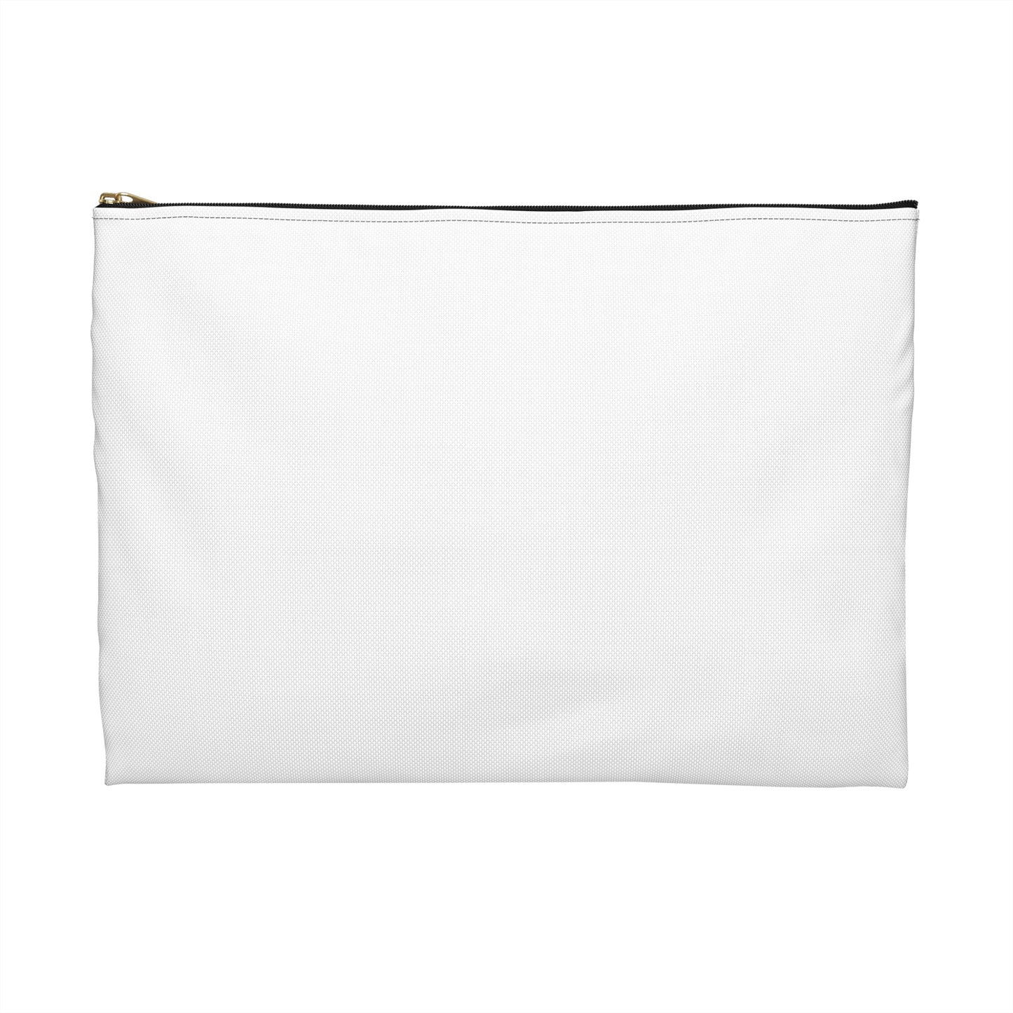 Back of white makeup bag.