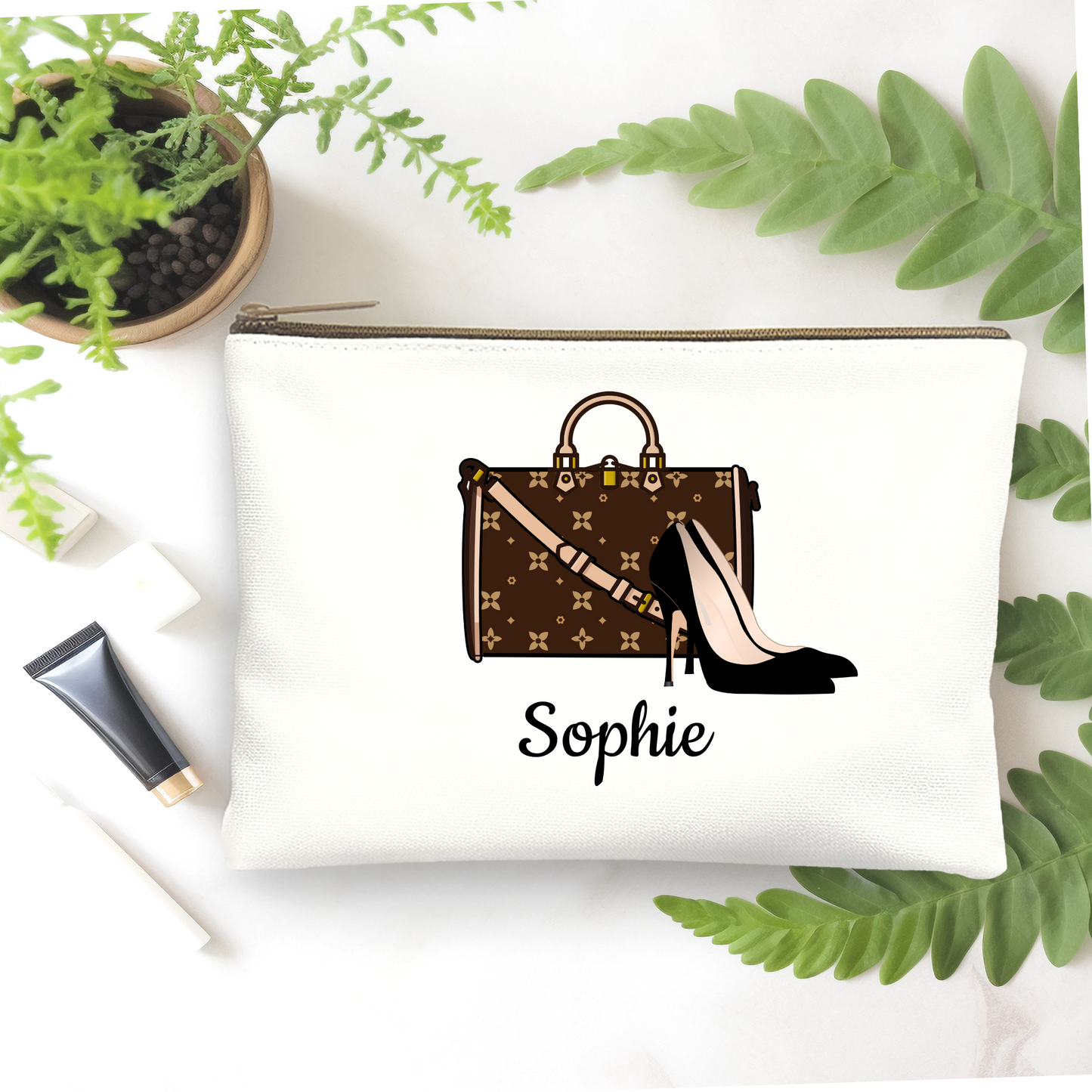 Personalized Makeup Bag – Shoes & Purse or Purse‑Only Graphic | Custom Cosmetic Pouch by Tresor Valeur