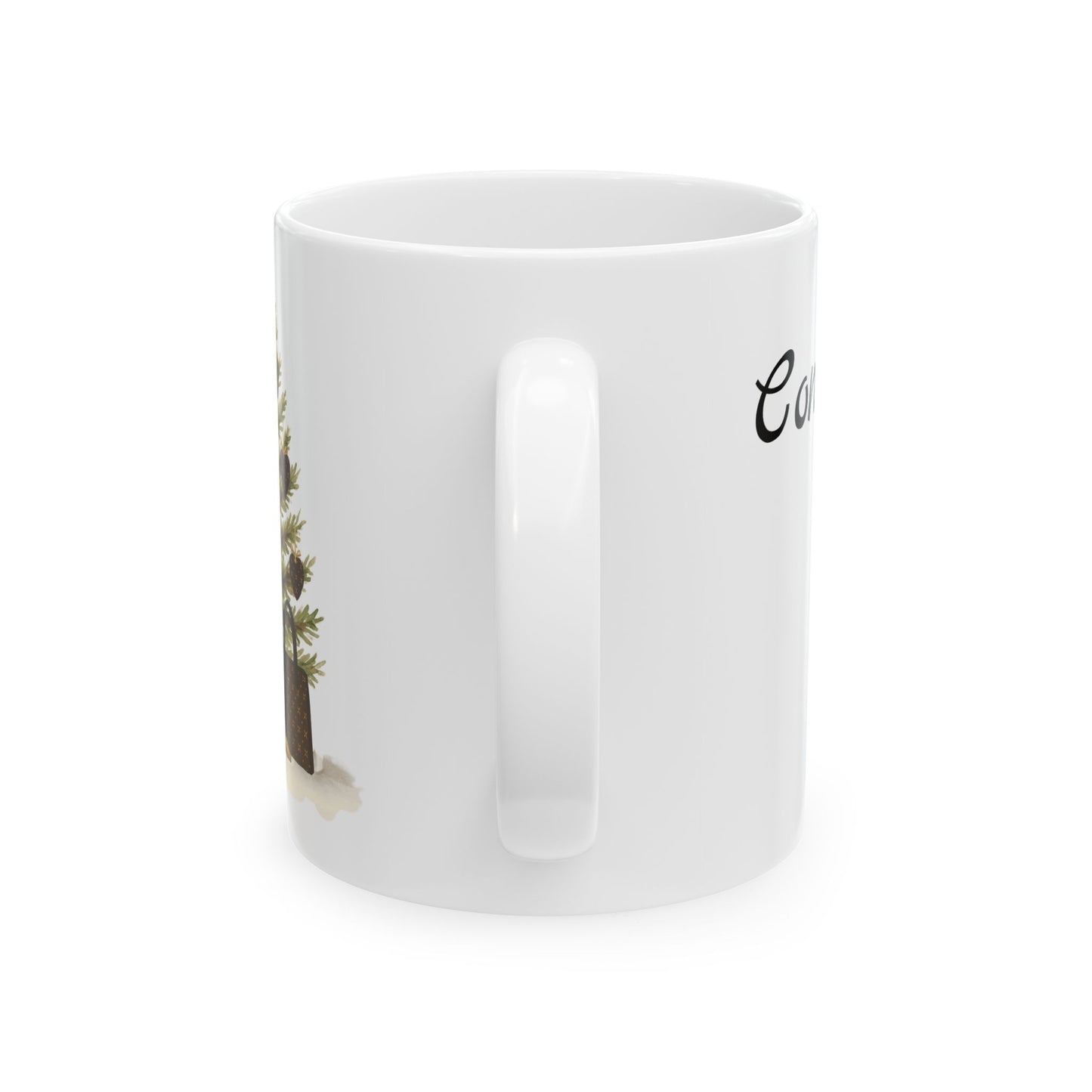 White mug with a printed design on a white background