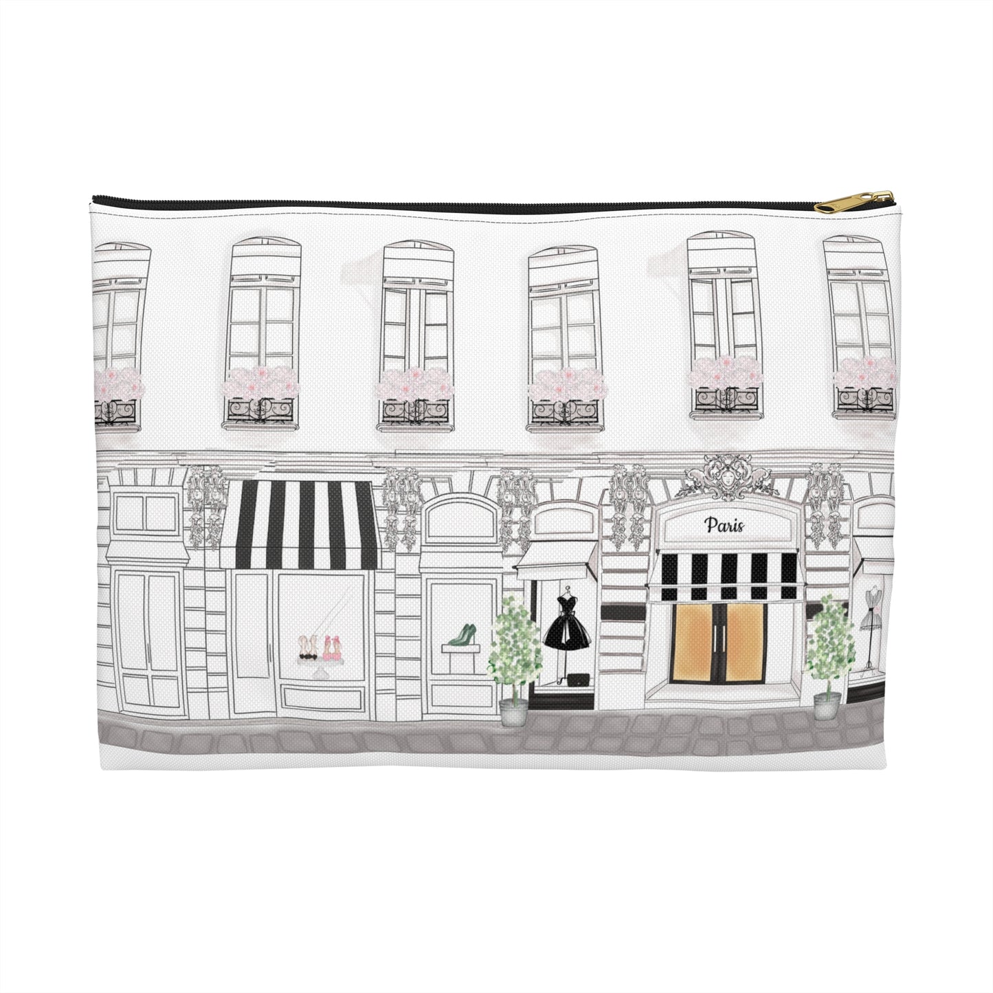 Makeup bag with black and white Parisian shopping street design on a white background