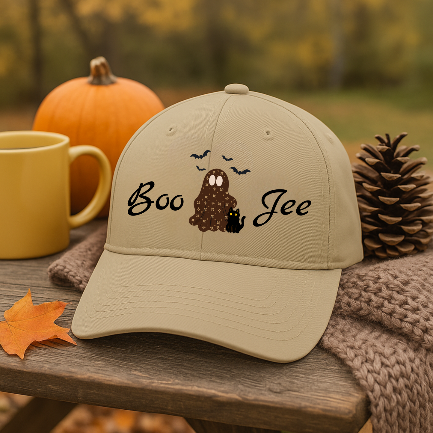 Boo-Jee Ghost Baseball Cap | White or Khaki | Choose Ghost or Ghost with Cat & Bat