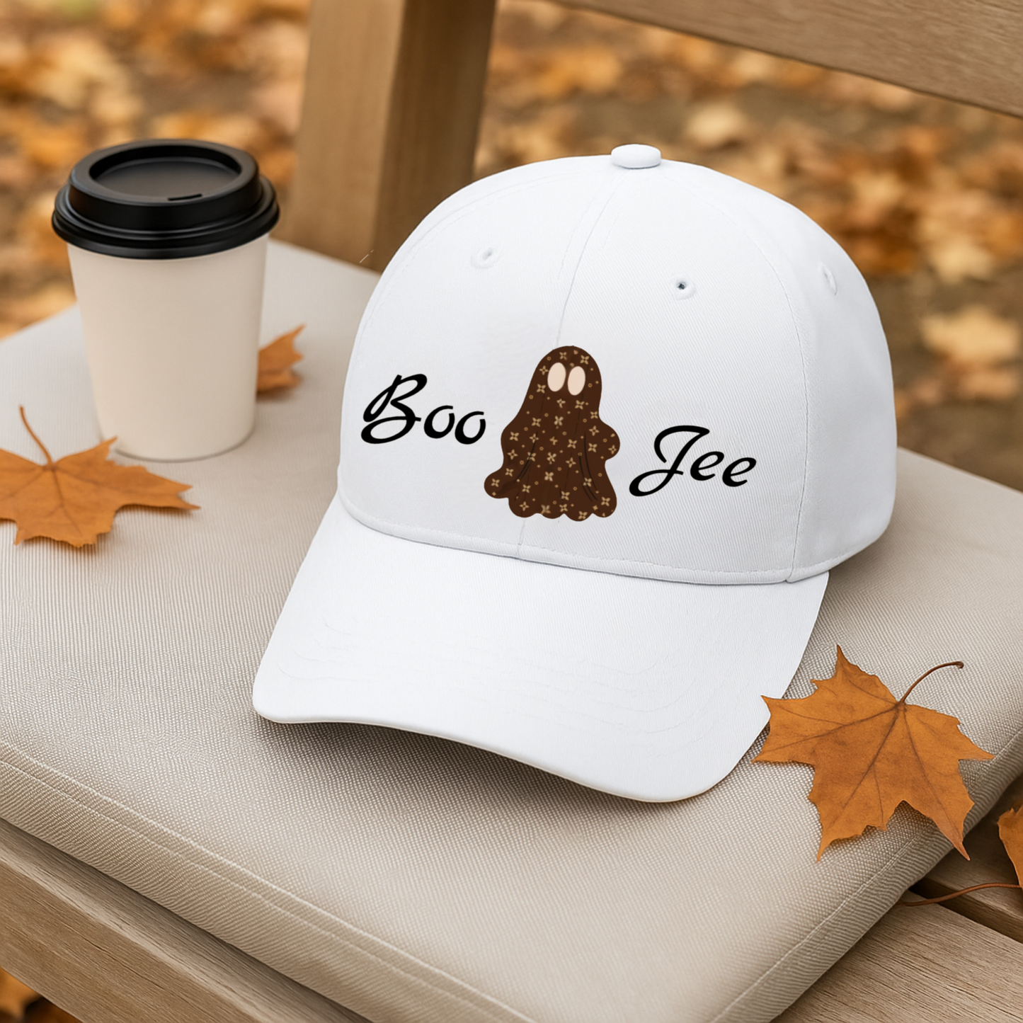 Boo-Jee Ghost Baseball Cap | White or Khaki | Choose Ghost or Ghost with Cat & Bat