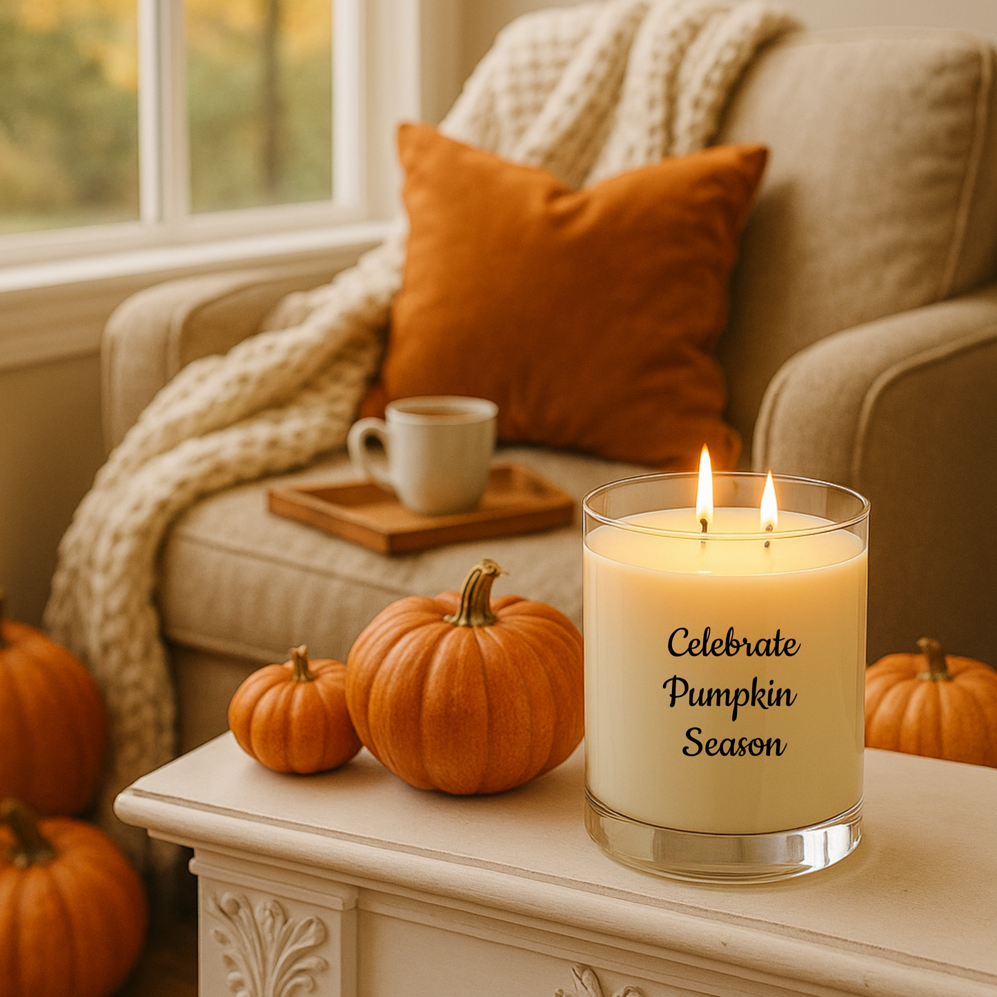 Fall Double Wick Candle | Sablette Pumpkin Print | Personalizable Glass Jar Candle