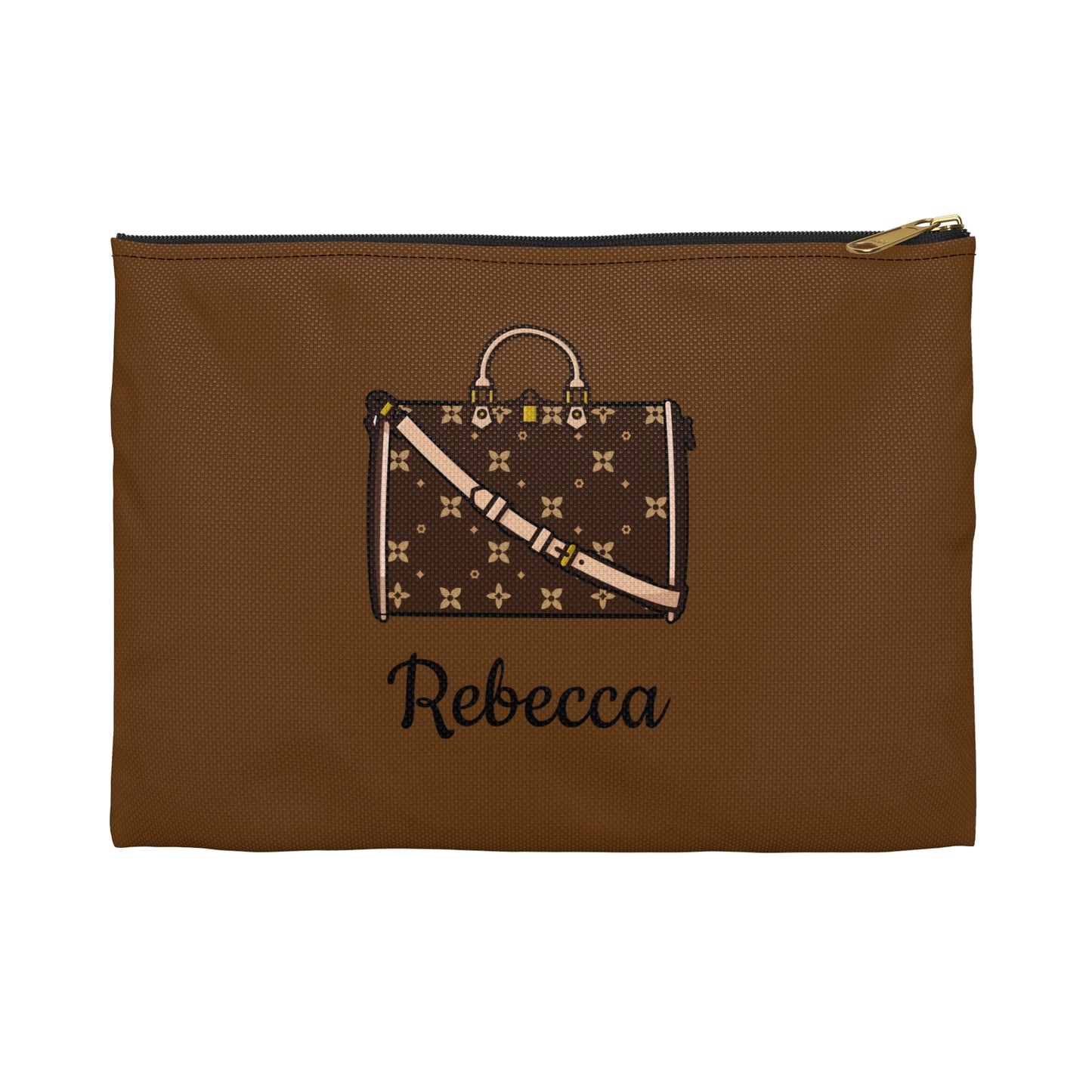 Brown pouch with a embroidered handbag design and the name 'Rebecca' on a white background