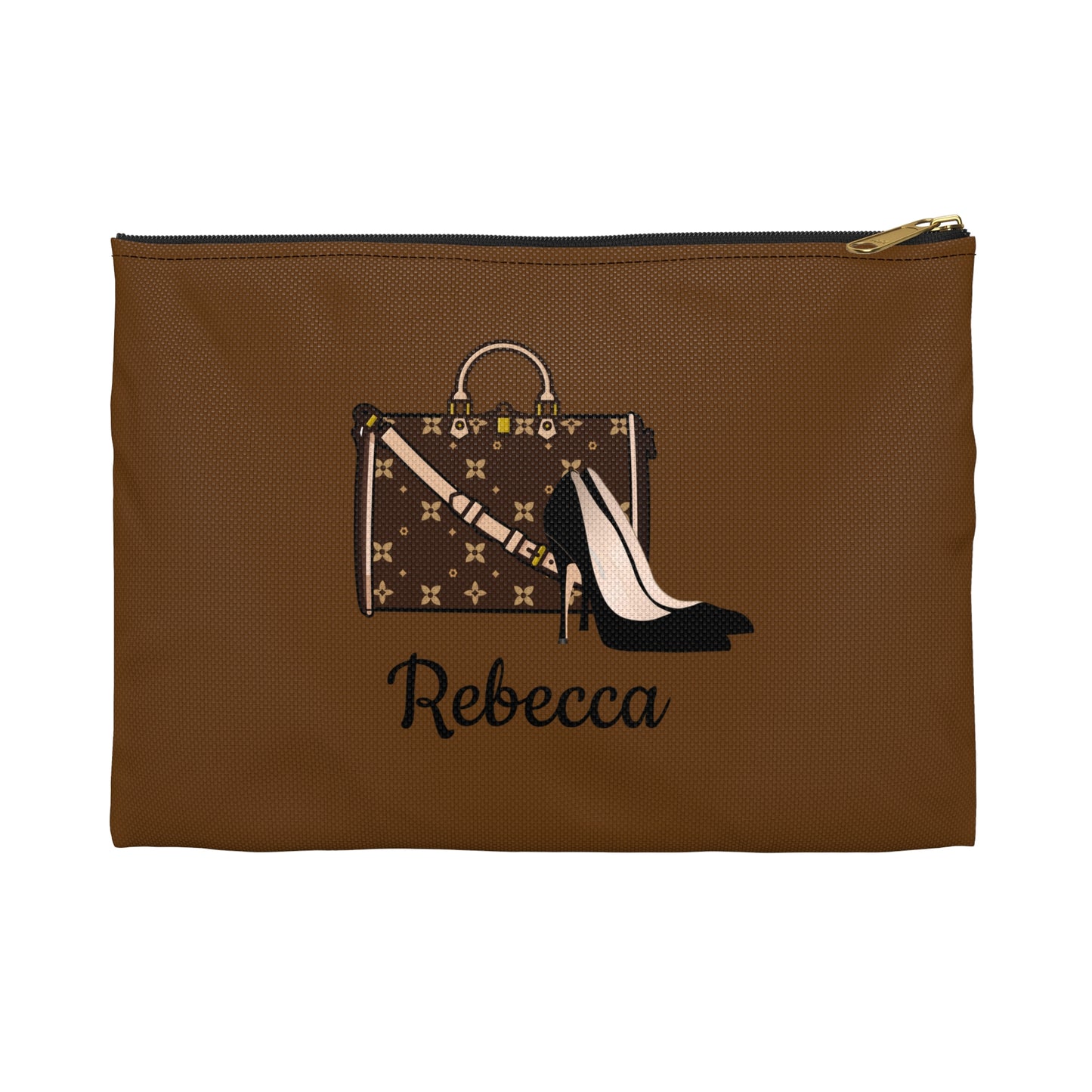 Brown pouch with a handbag and high heel design and the name 'Rebecca' on a white background