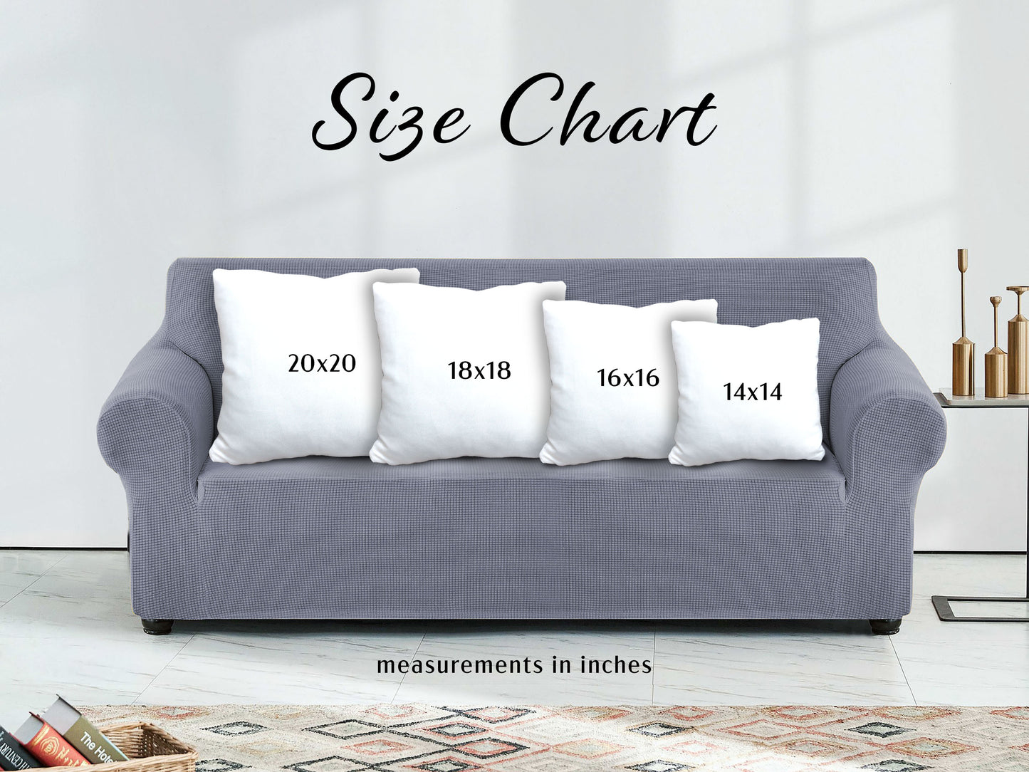 Gray sofa with white pillows of different sizes and a size chart above it.