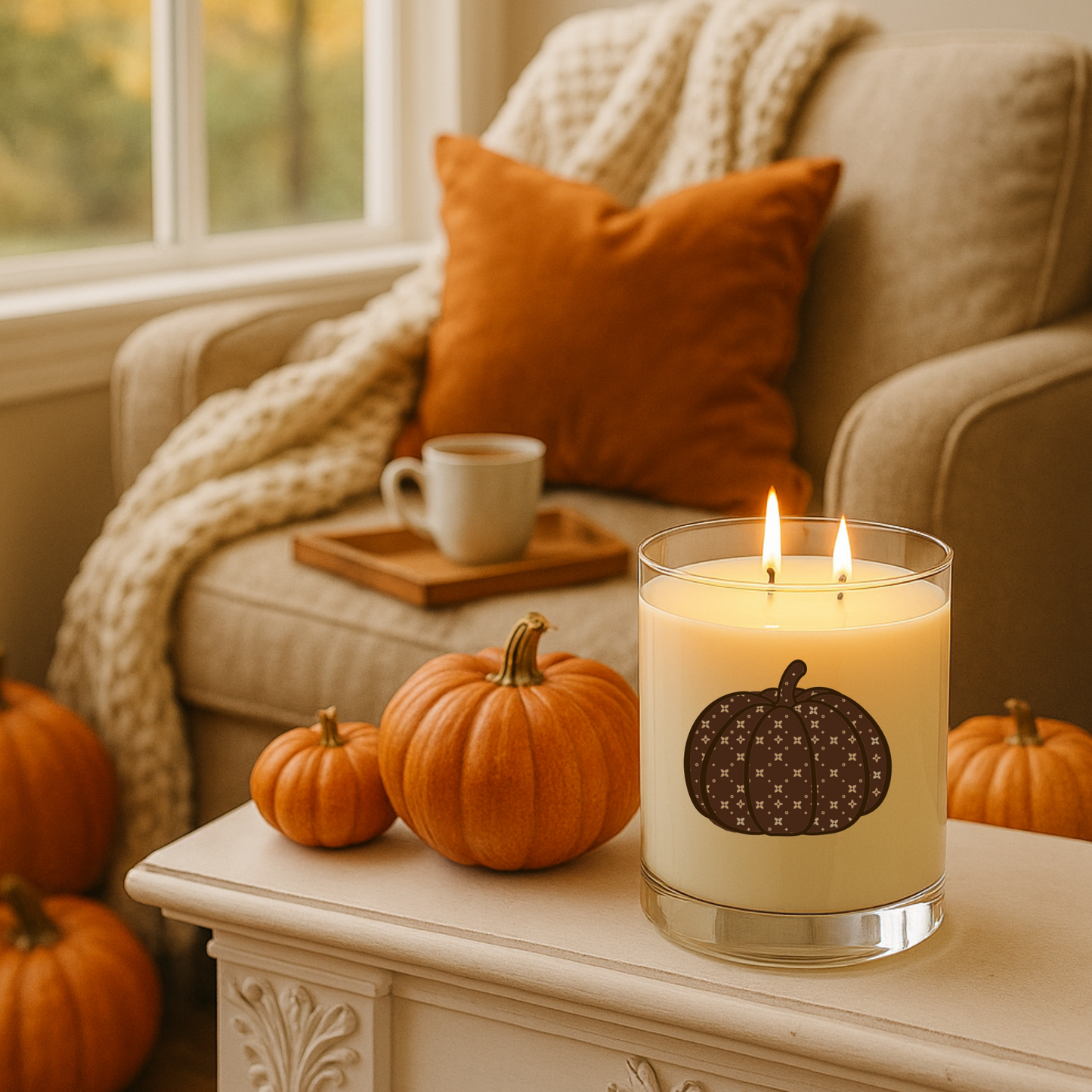 Fall Double Wick Candle | Sablette Pumpkin Print | Personalizable Glass Jar Candle