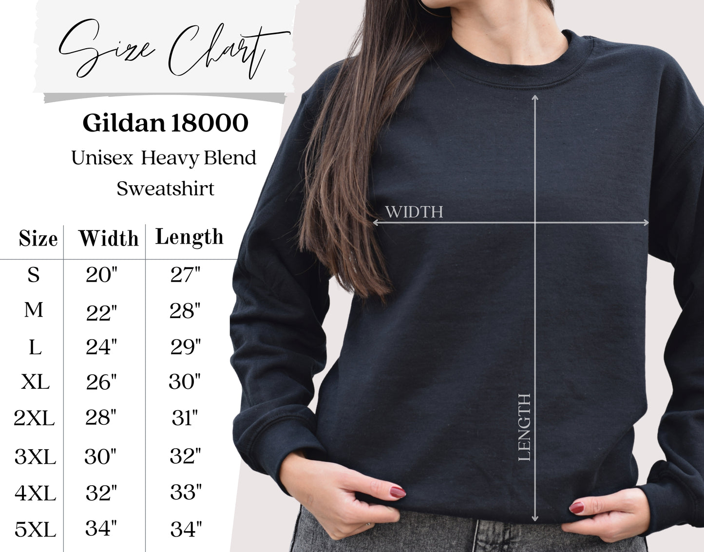 Black sweatshirt with size chart on a white background