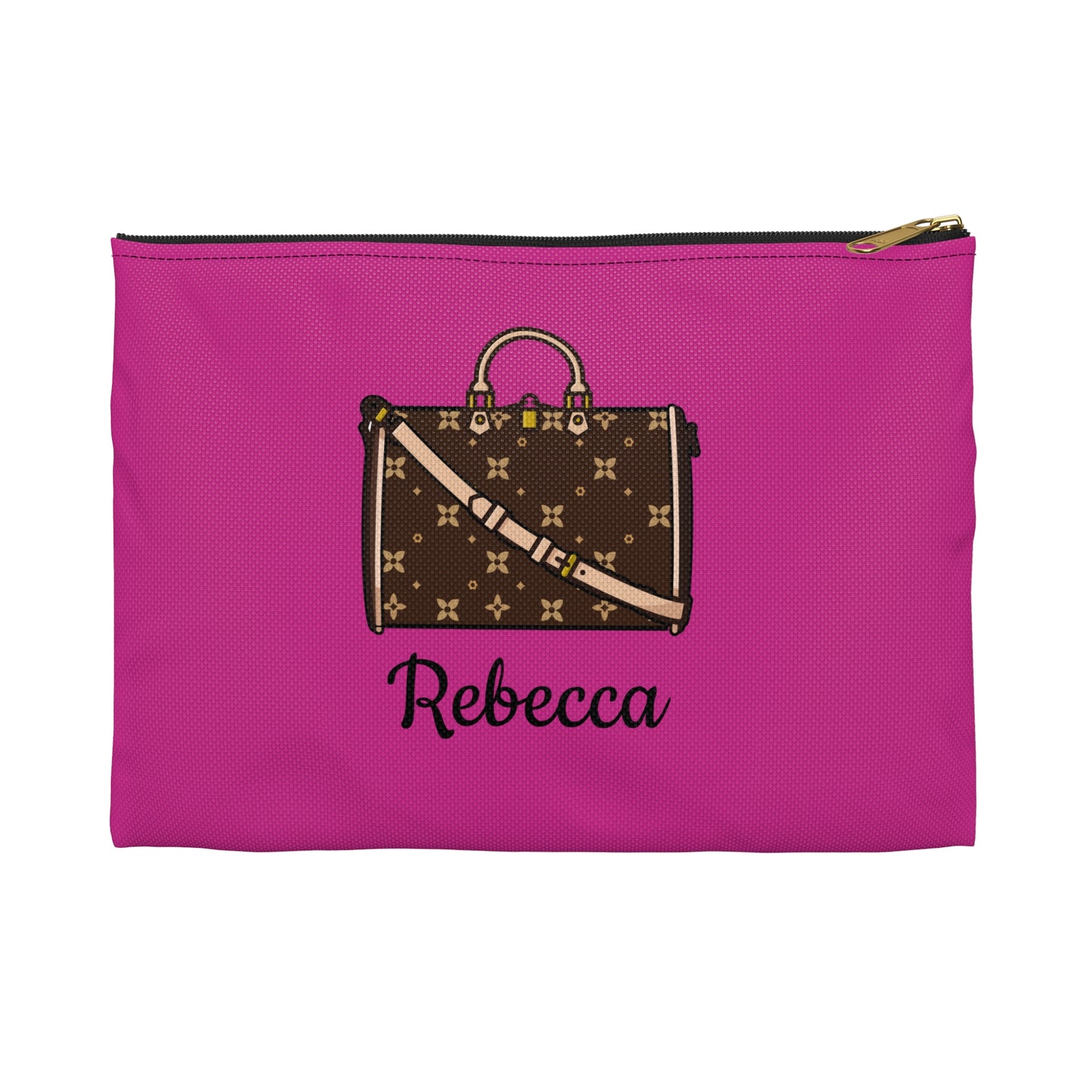 Hot pink pouch with a graphic of a handbag and the name 'Rebecca' on a white background