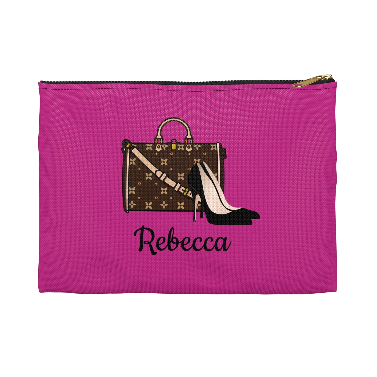 Pink pouch with a design of a handbag and high heels, and the name 'Rebecca' on a white background.
