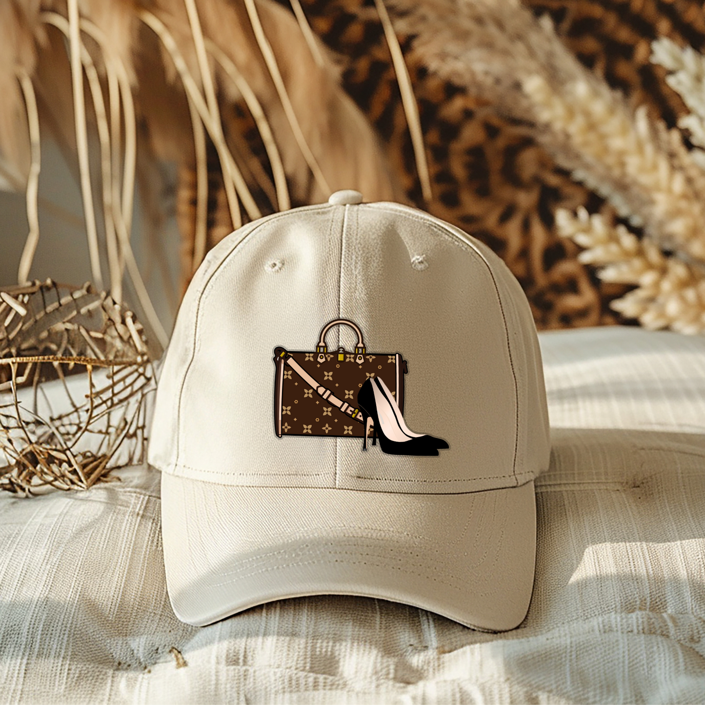 Beige cap with a handbag and high heel design on a textured surface with decorative elements.