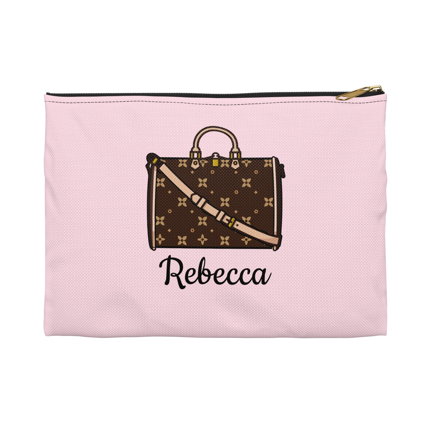 Pink pouch with a brown suitcase design and 'Rebecca' text on a white background