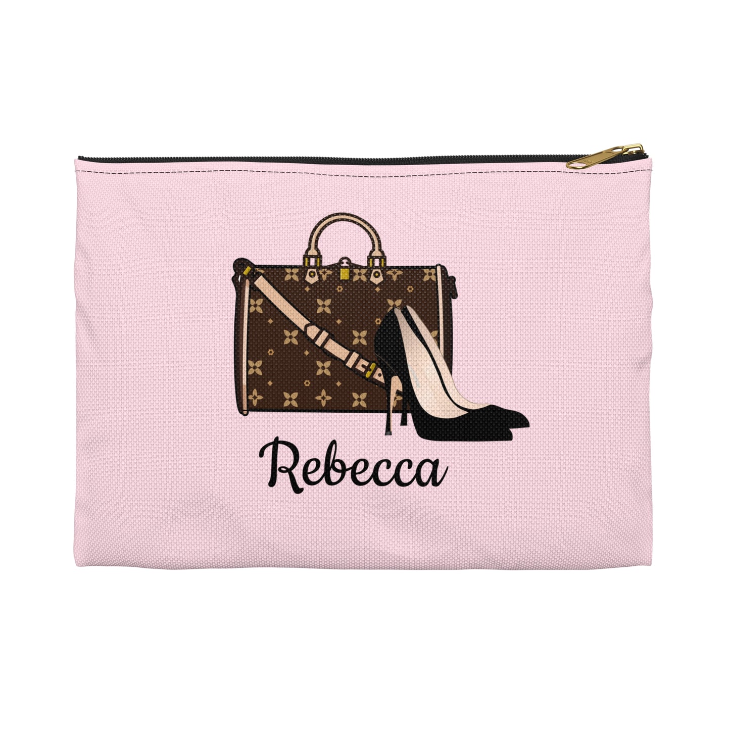 Pink pouch with a brown handbag and high heel shoe design, personalized with 'Rebecca'.