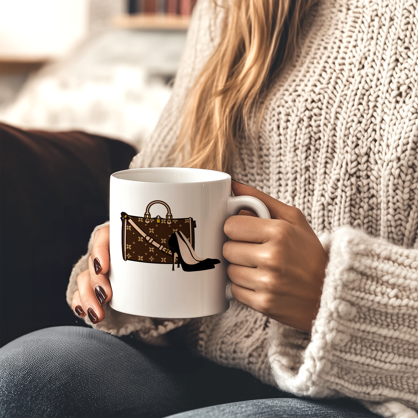 Person holding a white mug with a design of a handbag and high heels, wearing a beige sweater.