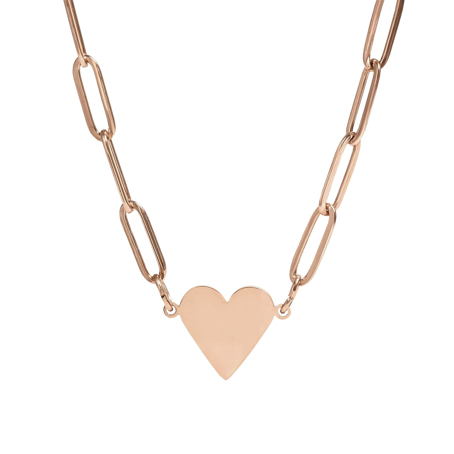 Rose gold heart-shaped pendant on a chain against a white background