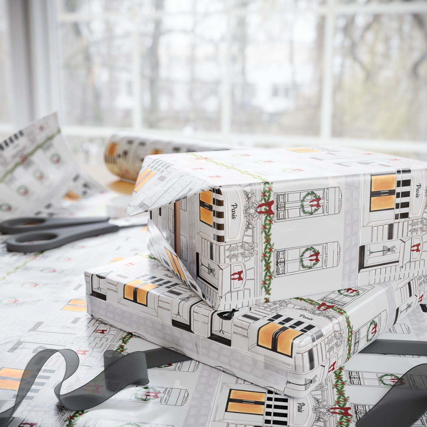 Haute in Paris Christmas Wrapping Paper | Tresor Valeur Holiday Gift Wrap | Satin Finish in 3 Sizes