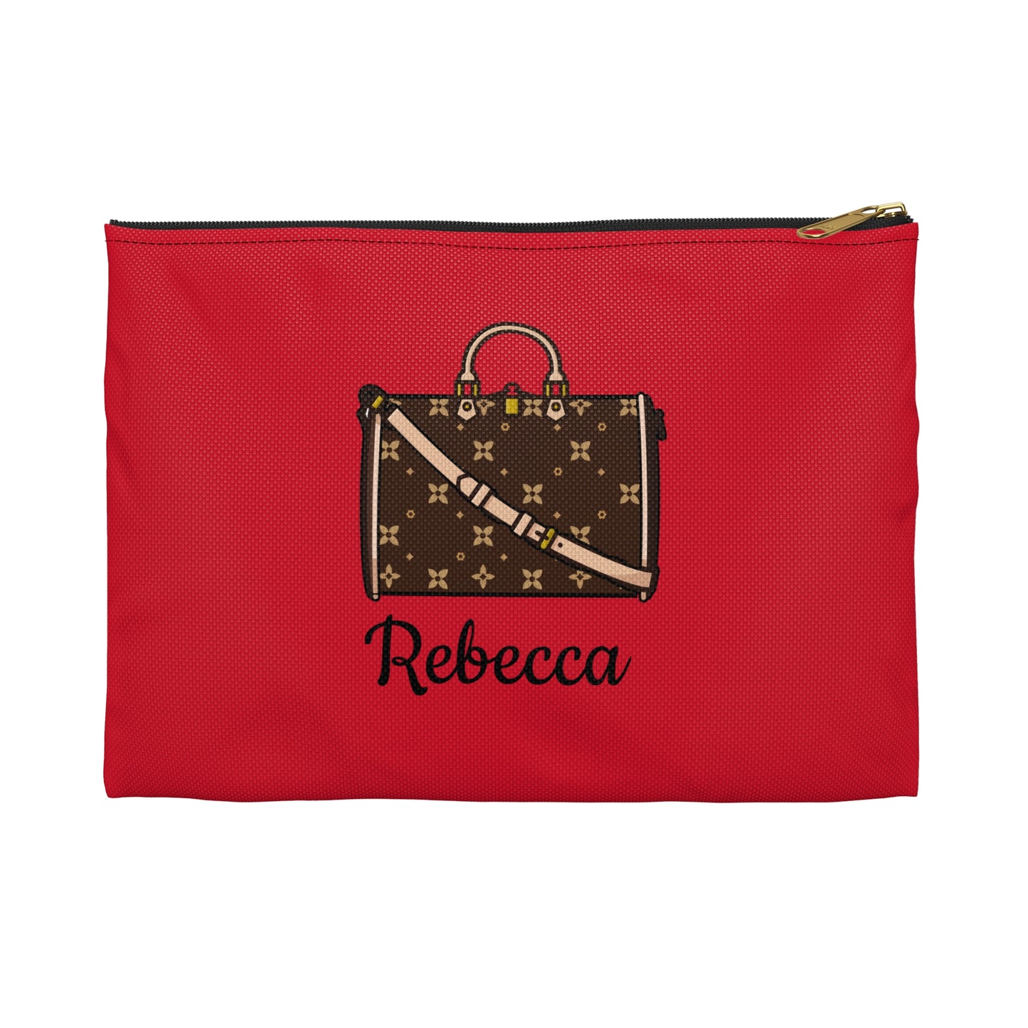 Red pouch with a brown bag design and 'Rebecca' text on a white background