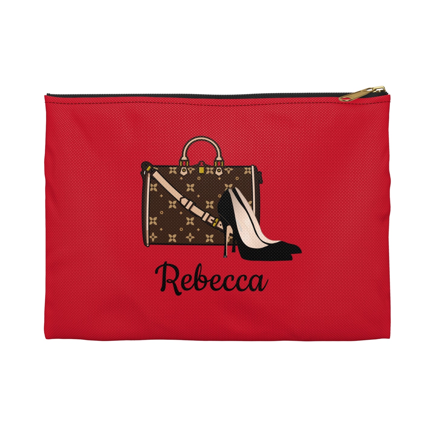 Red pouch with a handbag and high heel design and the name 'Rebecca' on a white background