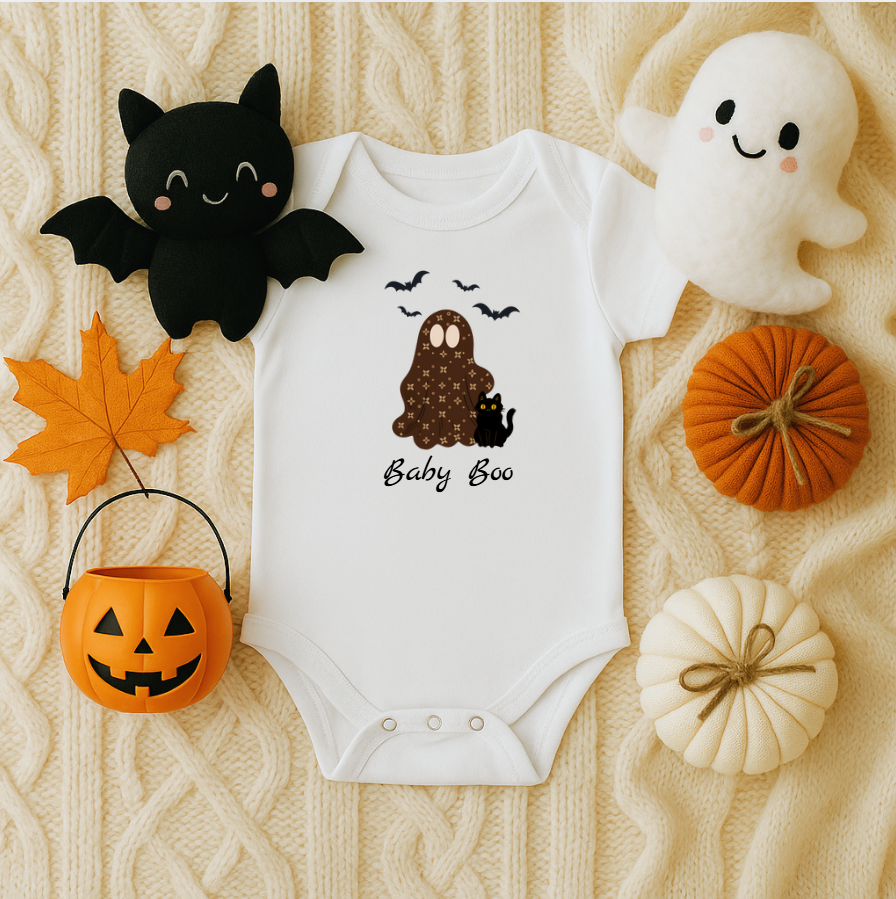 Body de bebé "Boo-Jee" | Mono blanco para bebé con fantasmas Boujee | Disfraz de Halloween personalizable