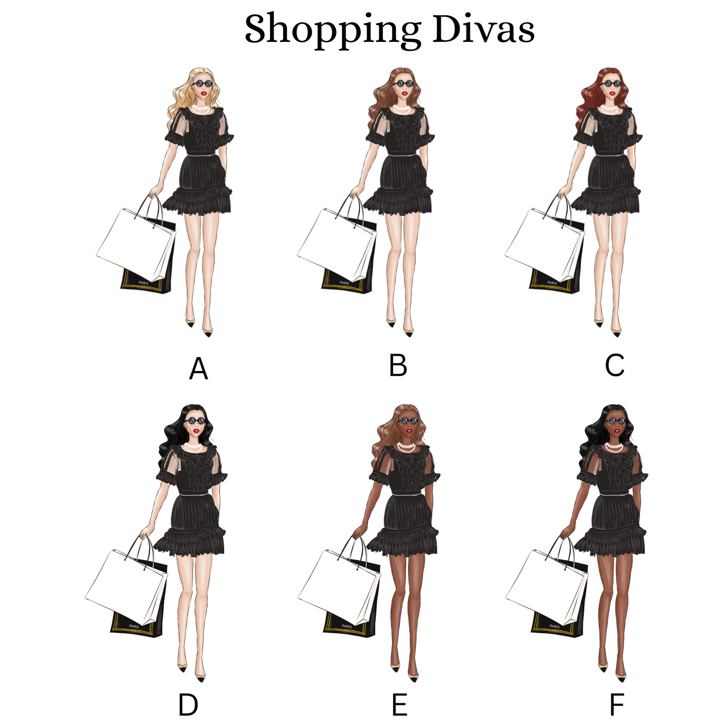 Illustrations of a woman in a black dress with shopping bags, labeled A to F, on a white background.
