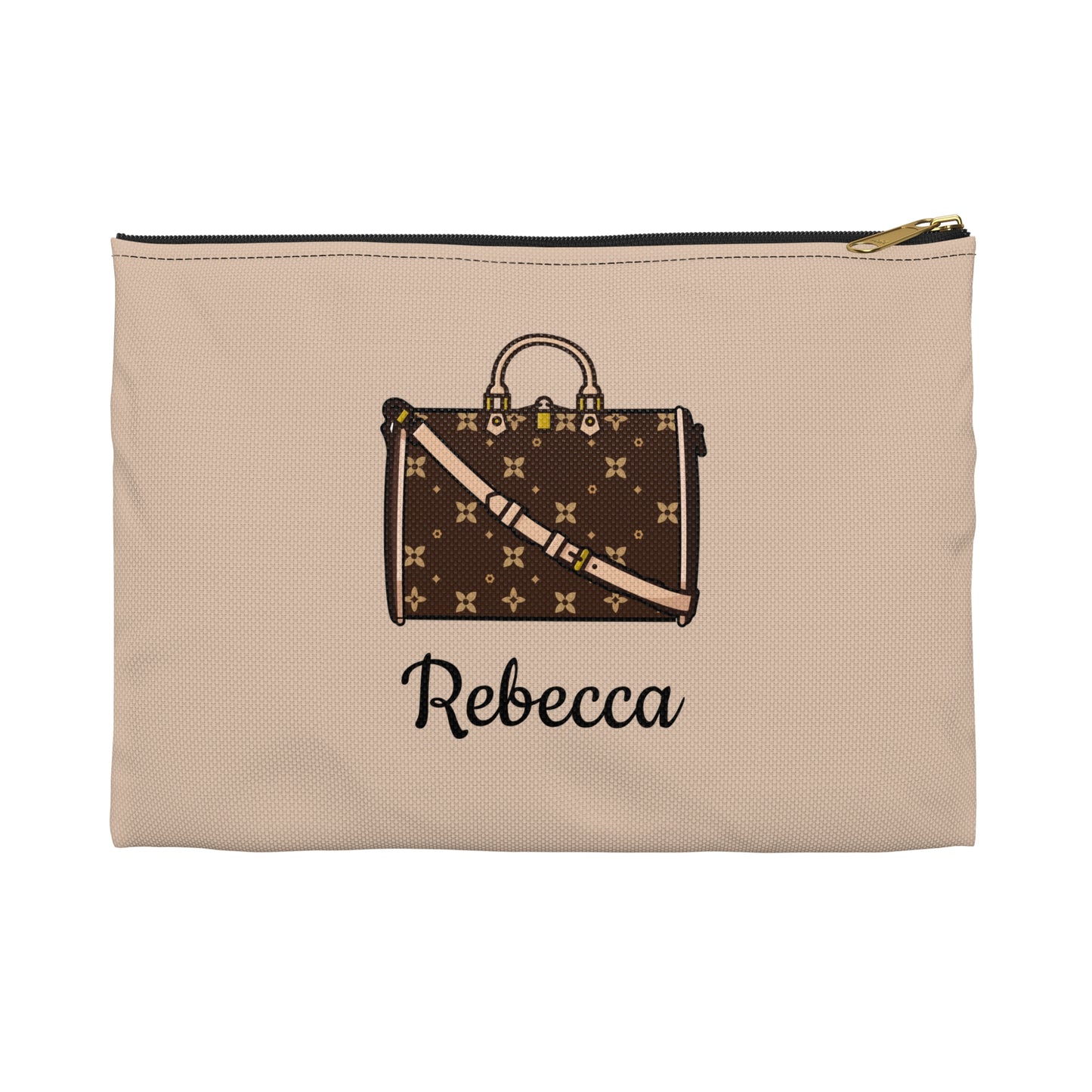 Beige pouch with brown handbag design and 'Rebecca' text on a white background