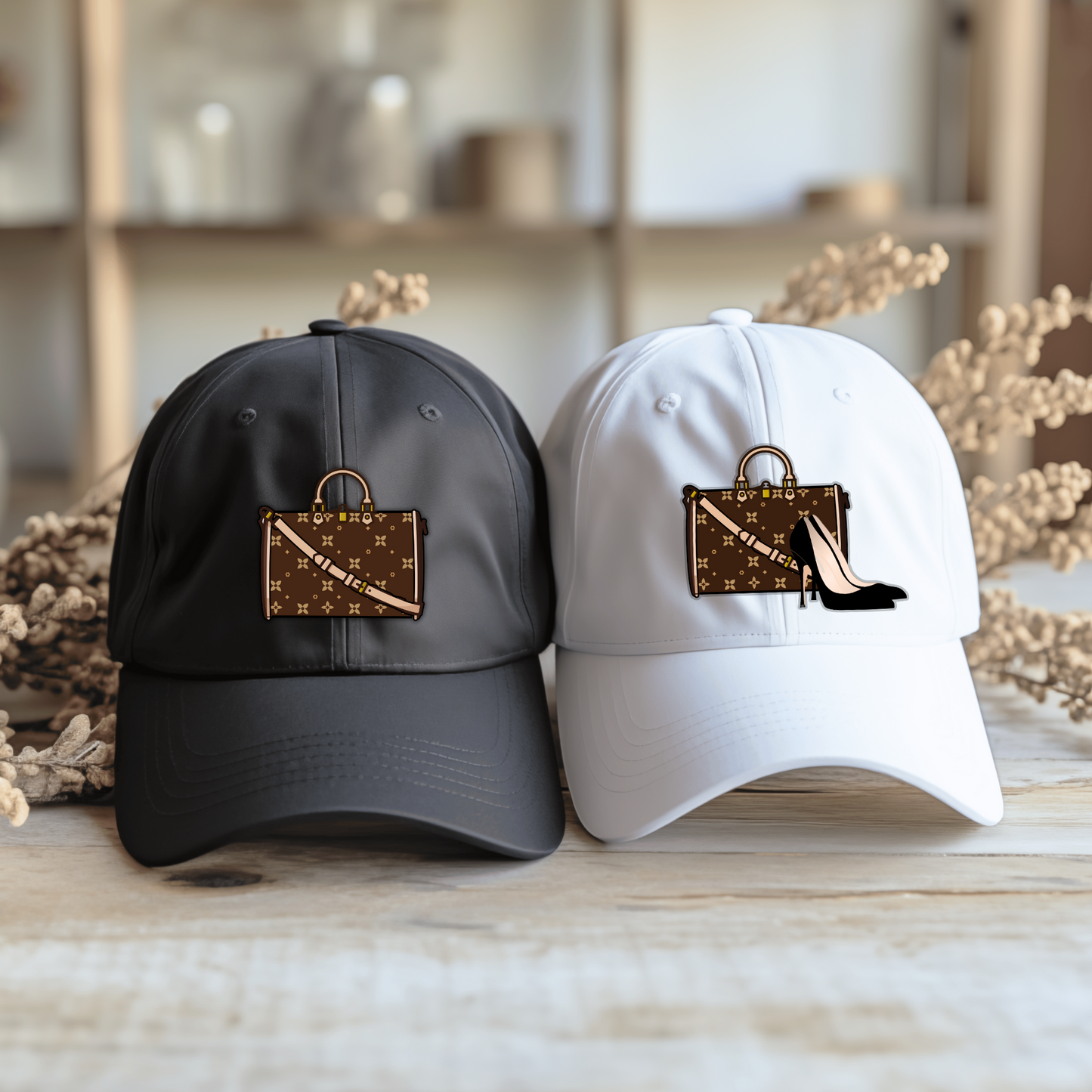 Two hats, one black and one white, with fashion-themed designs on a neutral background.