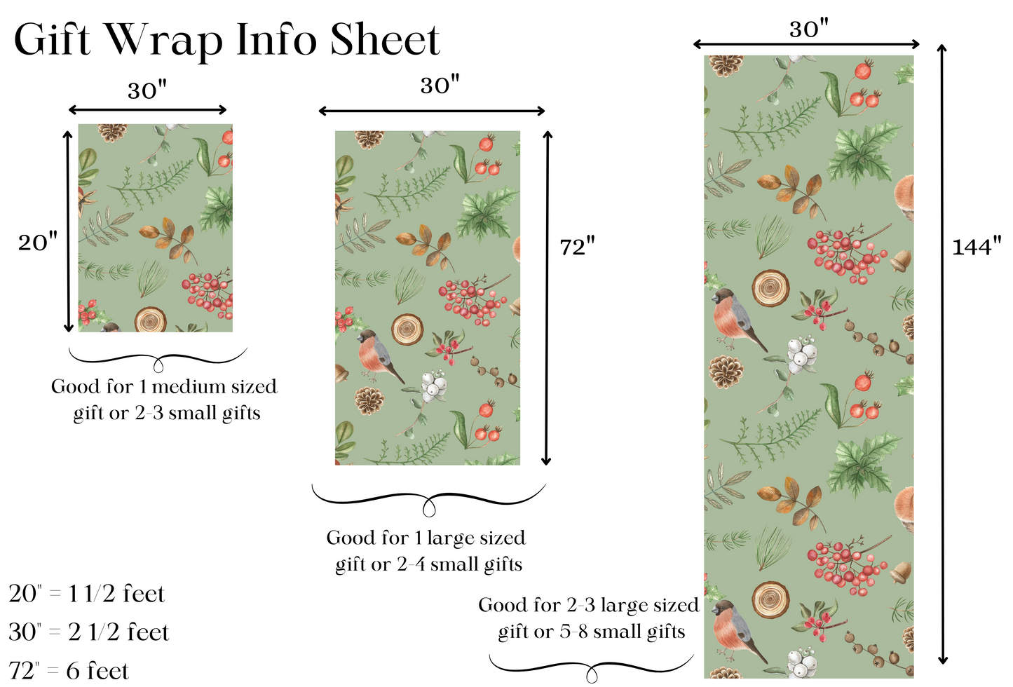 Gift wrap with floral and bird pattern, dimensions, and usage instructions.